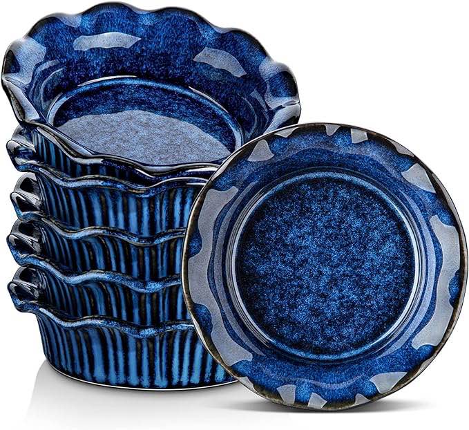 vancasso Stern Mini Pie Pans Set of 6, Ceramic Dish Pie Plate for Baking, Small Plates with Corrugated Edge, Easy to Clean, Dishwasher & Microwave & Oven Safe Blue, 5.5 inch, 9 Ounce Blue 9 oz