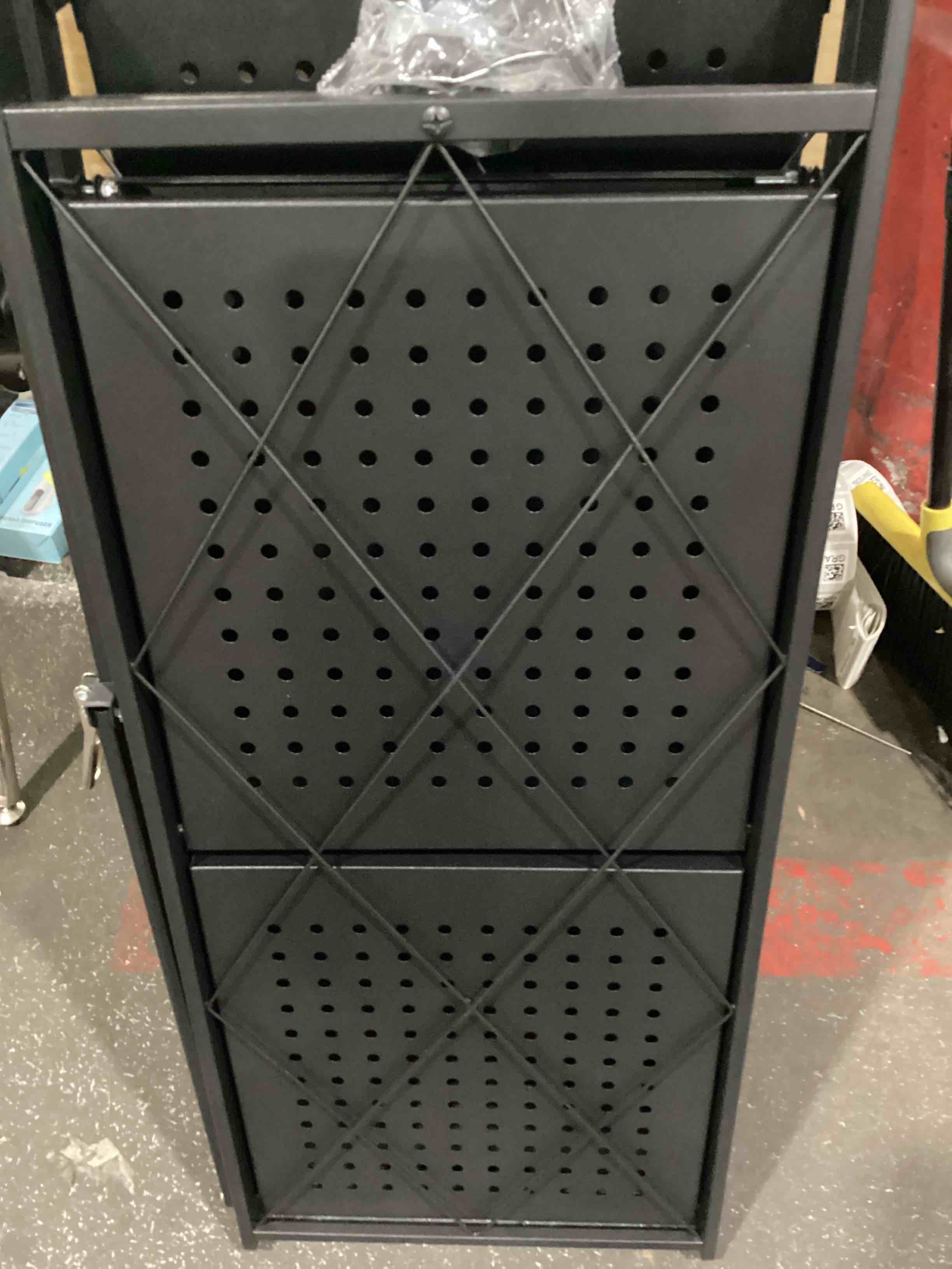 Condition photo showing Good Condition for 3 tier foldable storage shelves with wheels, metal collapsible organization storage rack, no assembly folding bookshelf, rolling storage rack for kitchen, bedroom, pantry, garage, display, black 3-tier