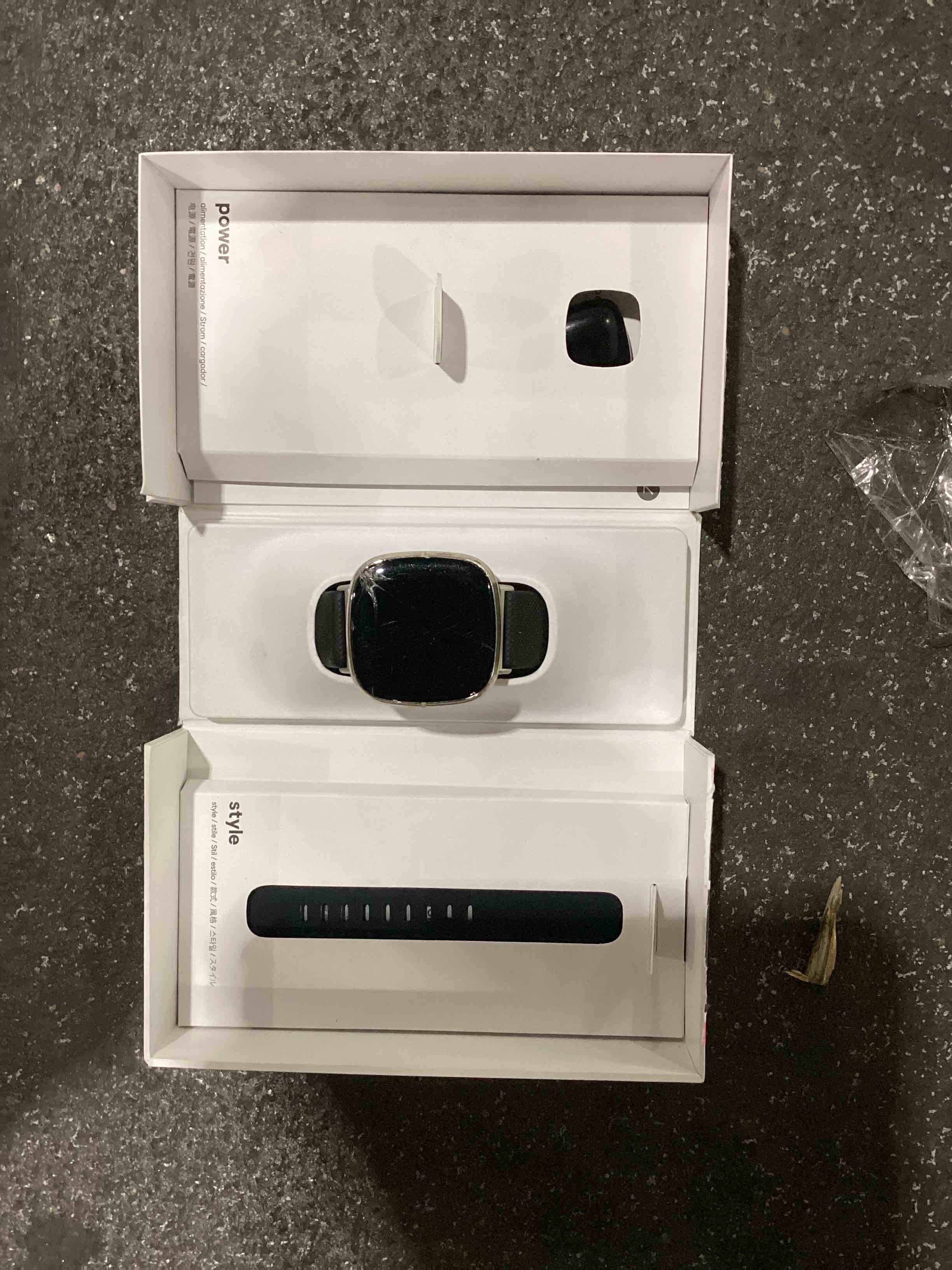 Condition photo showing As Is for ** damages to screen not tested ** fitbit sense health & fitness smartwatch w/gps, bluetooth call/text, heart rate spo2, ecg, skin temperature & stress sensing (s & l bands, 90 day premium included) international version (graphite)