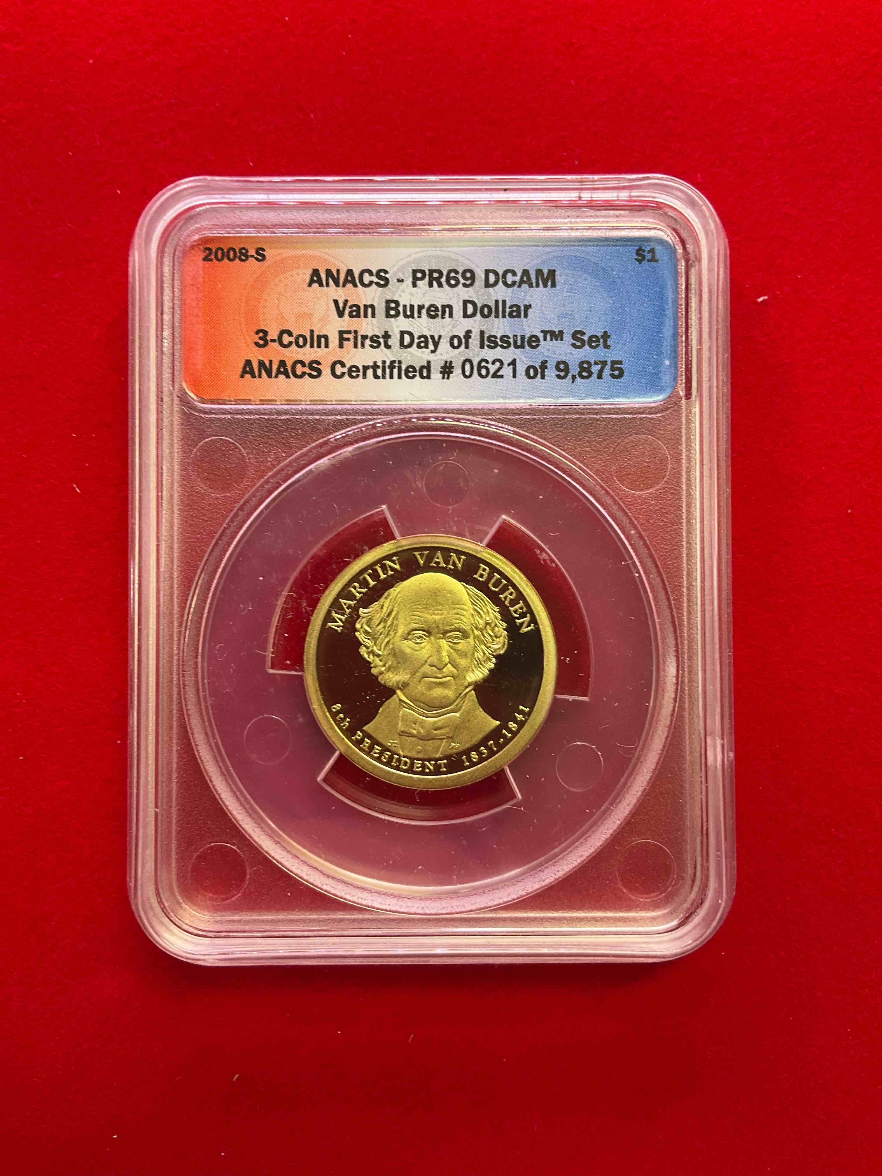 Certified Presidential Martin Van Buren Dollar! This Stunning Uncirculated 2009 Van Buren Dollar Coin Is Perfect For Collectors & History Buffs. Comes In Numbered, Certified ANACS Case. Coin Is Stunning Gold In Color (Not Actual Gold), & Consist Mostly Of Copper. A Cool Piece Of American History!