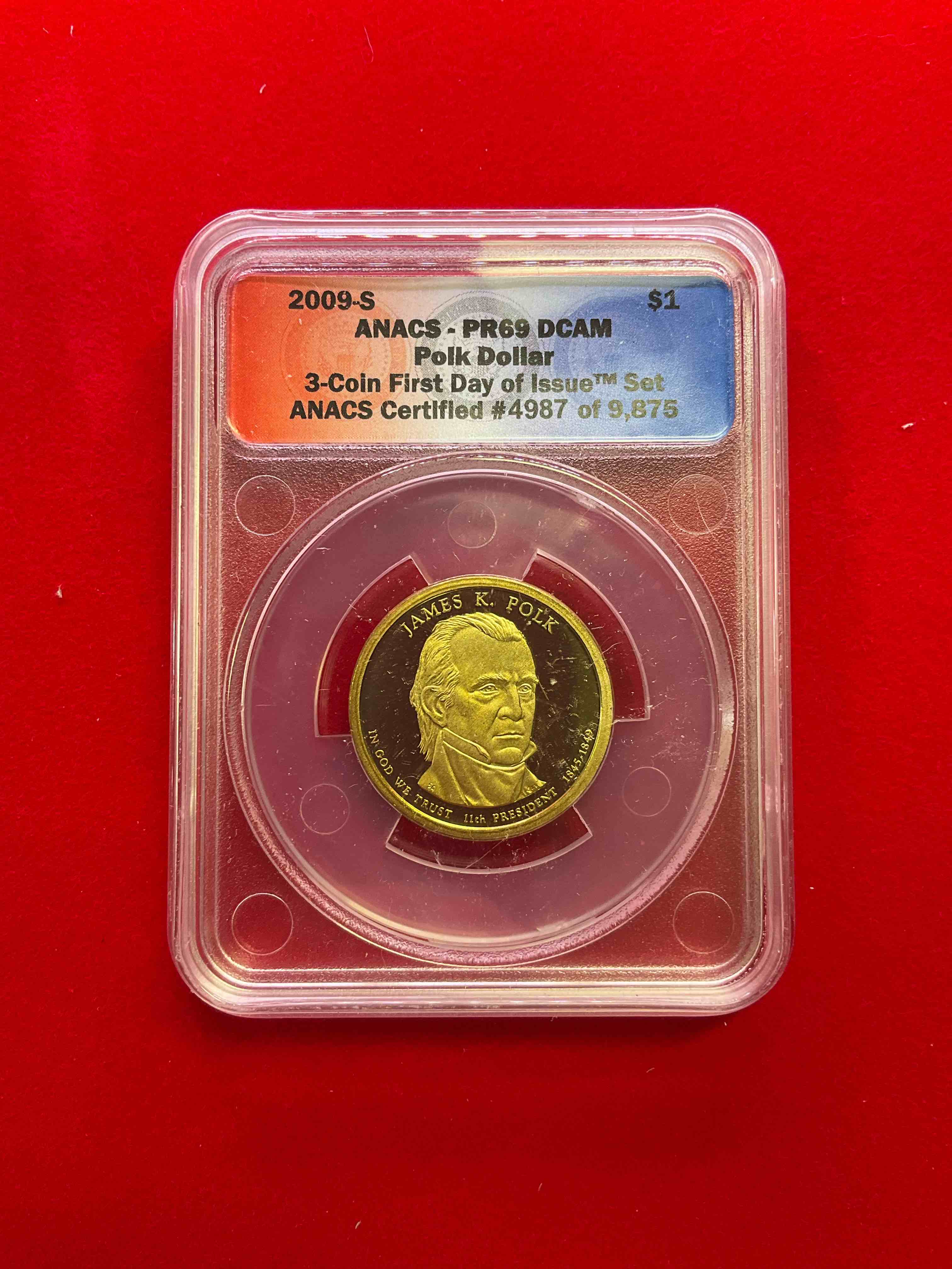 Certified Presidential Polk Dollar! This Stunning Uncirculated 2009 One Dollar James K. Polk Dollar Coin Is Perfect For Collectors & History Buffs. Comes In Numbered, Certified ANACS Case. Coin Is Stunning Gold In Color (Not Actual Gold), & Consist Mostly Of Copper. A Cool Piece Of American History!