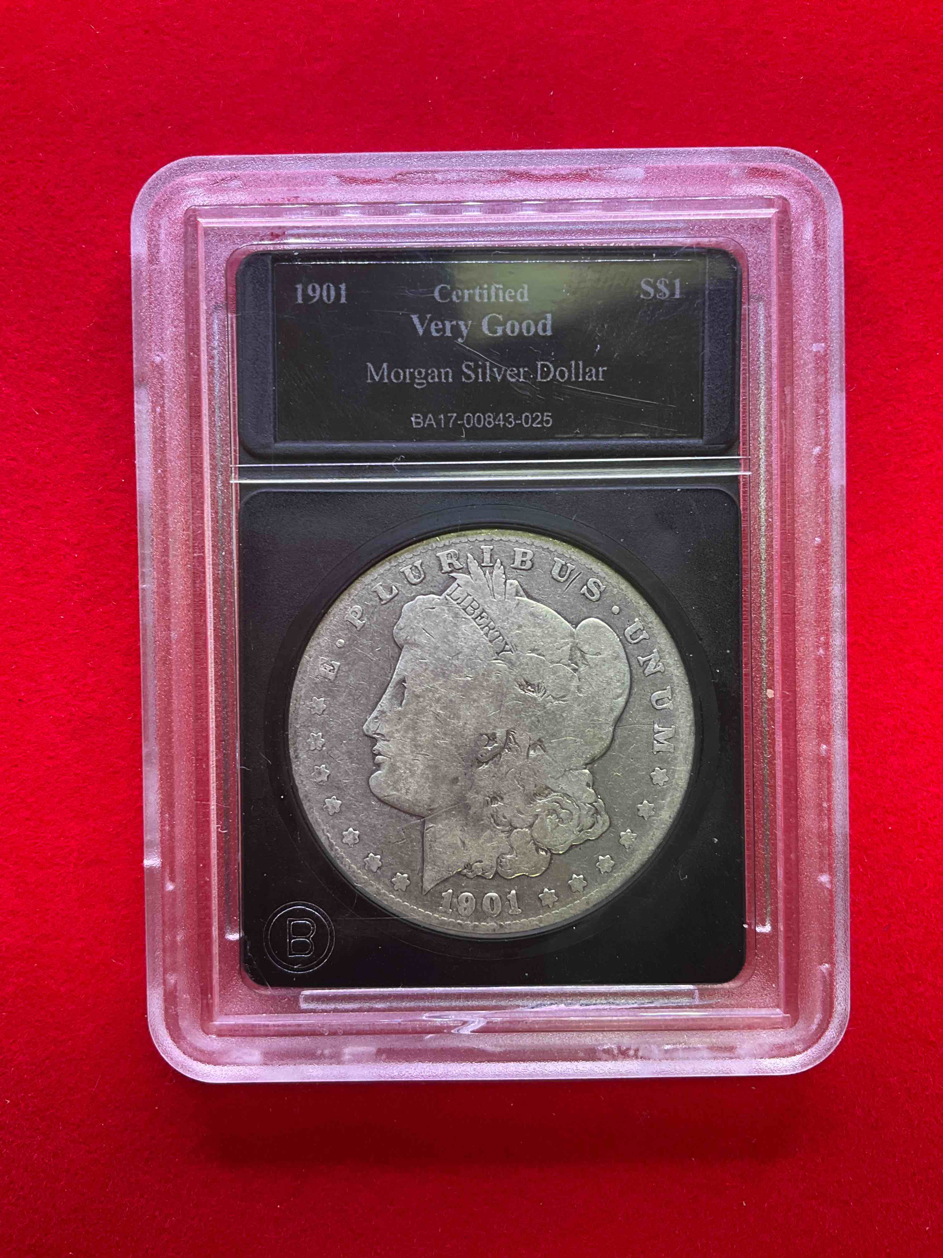 1901 Silver Morgan Dollar U.S. Coin Certified In Very Good Condition & Mounted In Display Case! This Large, Circulated, 1.5" Diameter, Heavy, Gorgeous Coin Is 90% Silver & 10% Copper, Giving It A Net Weight of .77344 oz. Of Pure Silver! Own A Valuable Piece Of History & An Incredible Investment In Precious Metals!