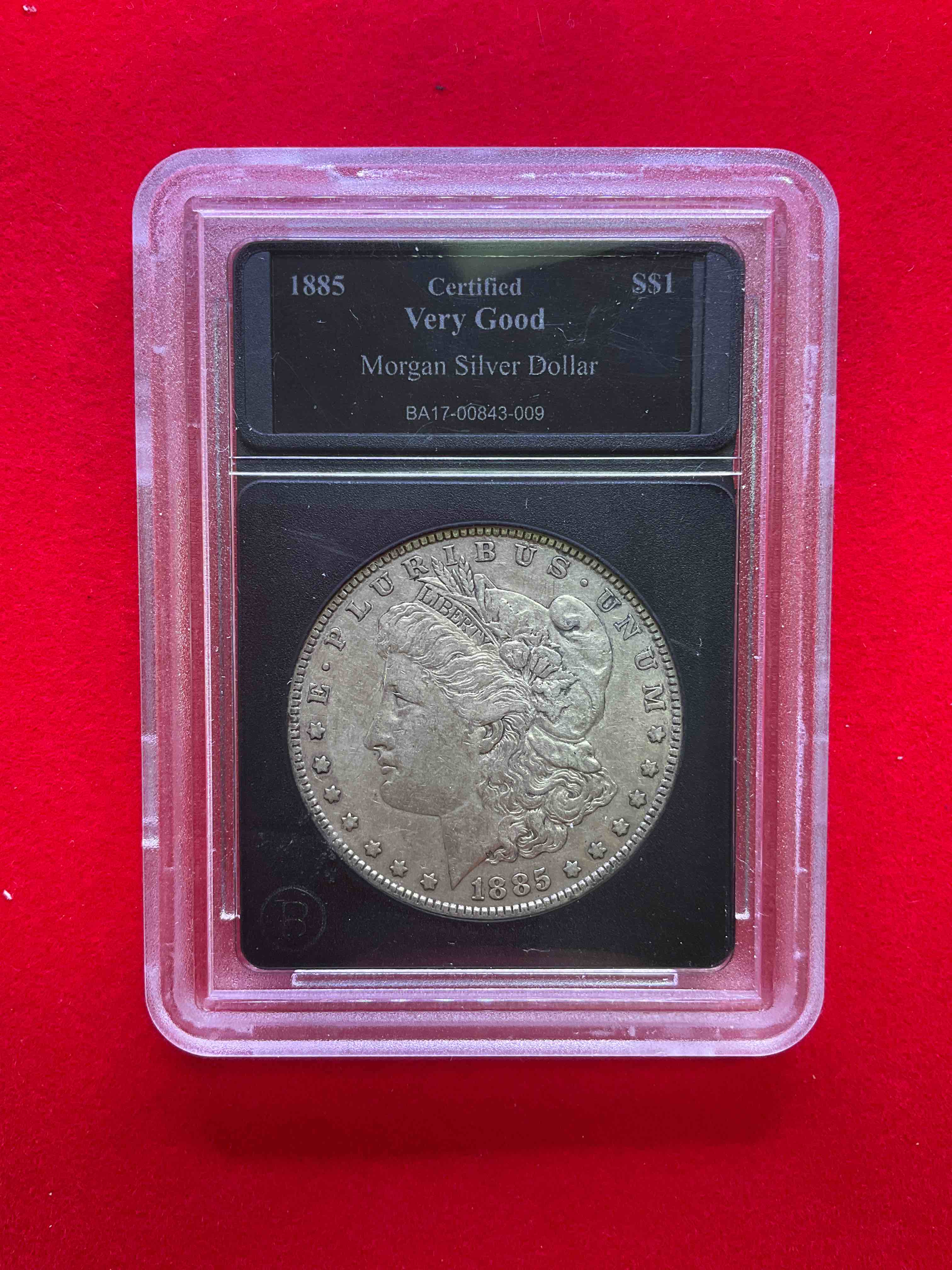1885 Silver Morgan Dollar U.S. Coin Certified In Very Good Condition & Mounted In Display Case! This Large, Circulated, 1.5" Diameter, Heavy, Gorgeous Coin Is 90% Silver & 10% Copper, Giving It A Net Weight of .77344 oz. Of Pure Silver! Own A Valuable Piece Of History & An Incredible Investment In Precious Metals!