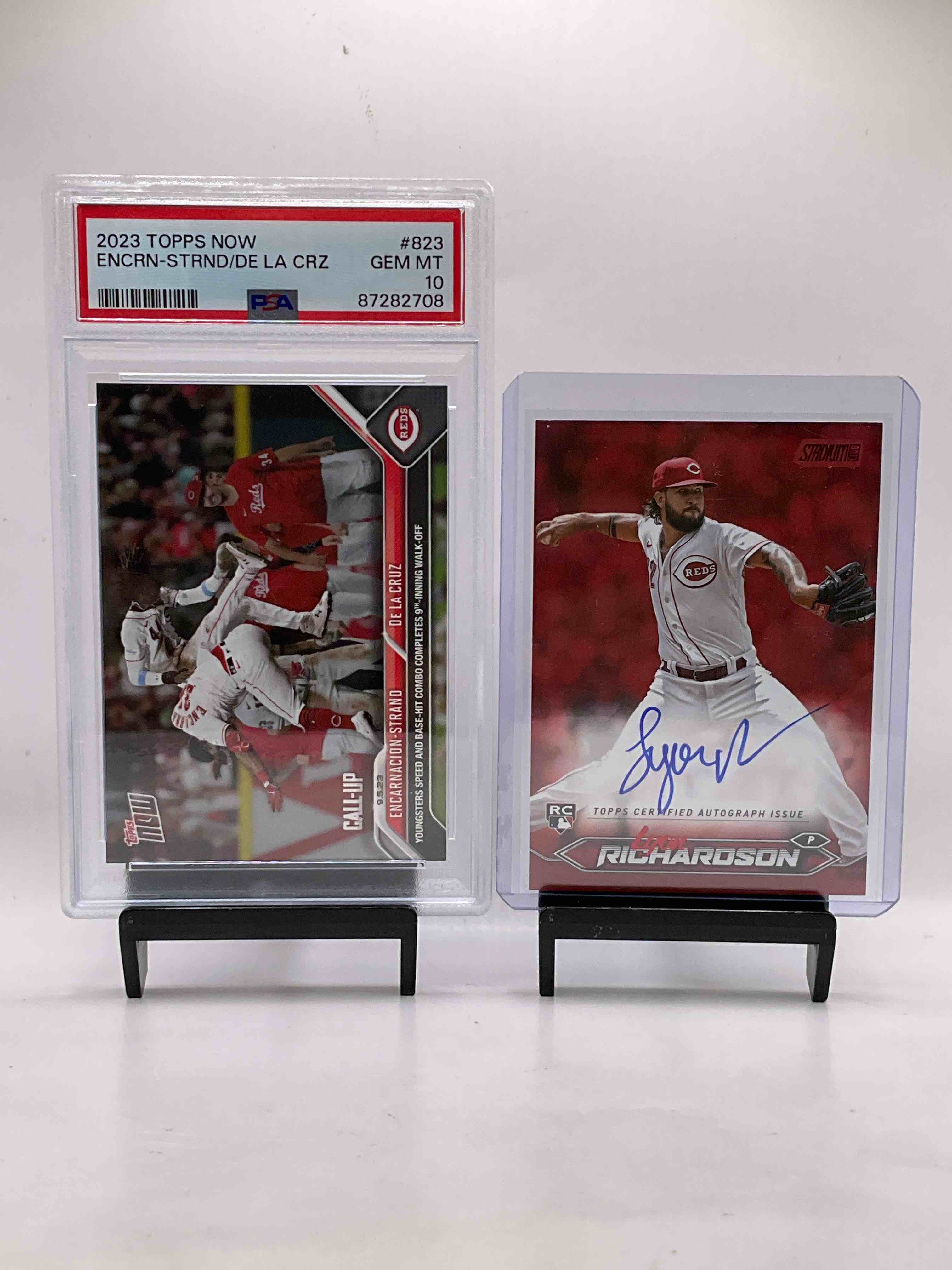 Gem Mint 10 Perfect Condition Elly De La Cruz (Rookie) & Encarnacion-Strand Combo Card! Gem Mint 10, Along With Lyon Richardson Signed Stadium Club Baseball Rookie Card Numbered 16/50 Wow! 50 Card Reds Lot! Elly De La Cruz Rookies, Signed Cards, Numbered & More! 