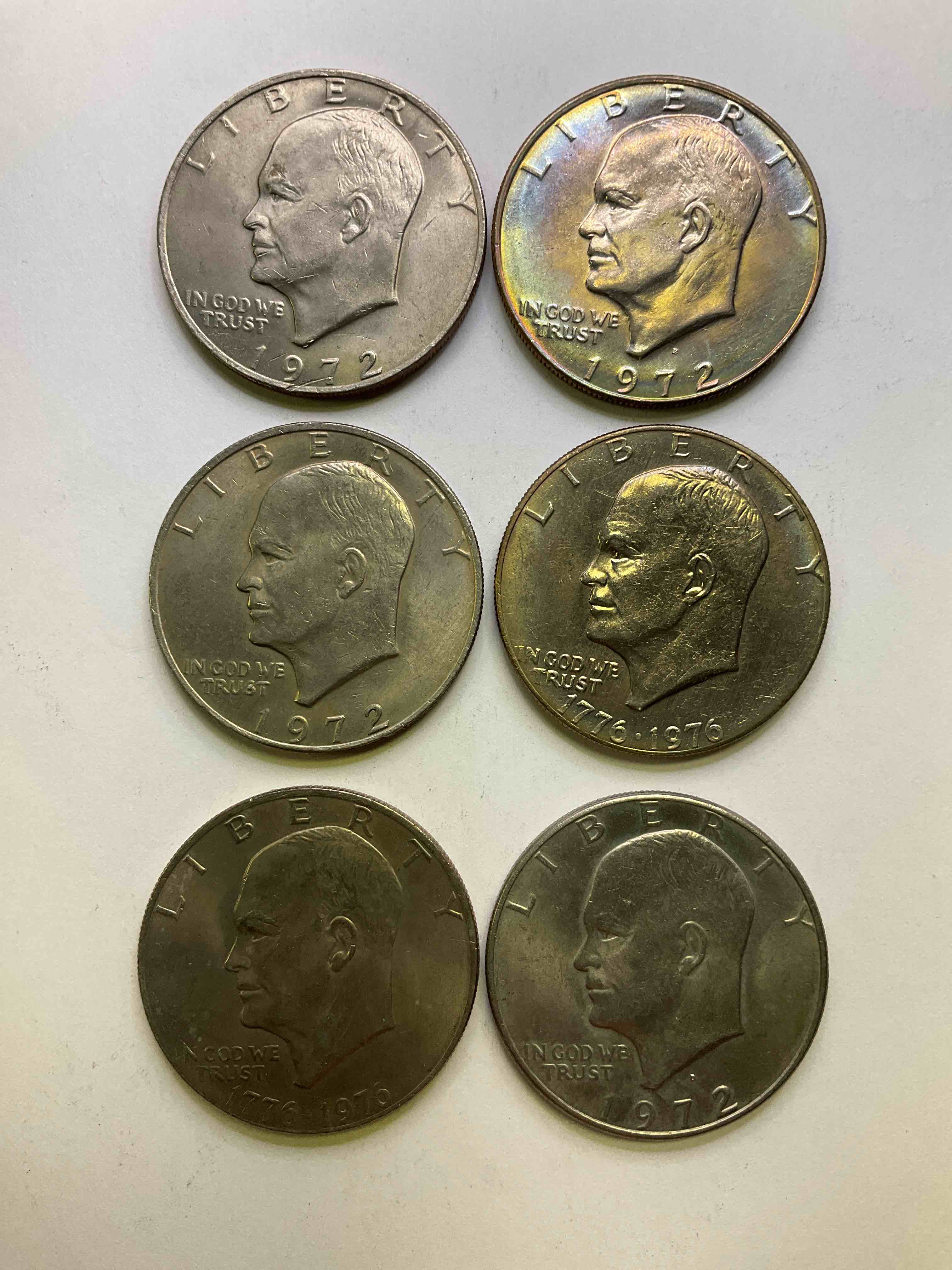 Eisenhower Dollar Coins! These Striking, Large U.S. Coins Were Minted From 1971-1978. Here Are Gorgeous Of Examples Of "Ike" Dollars In Varying Years, Including 1976 Bicentennial. These Coins Have Become Immensely Popular With Collectors & Some Have Great Toning!