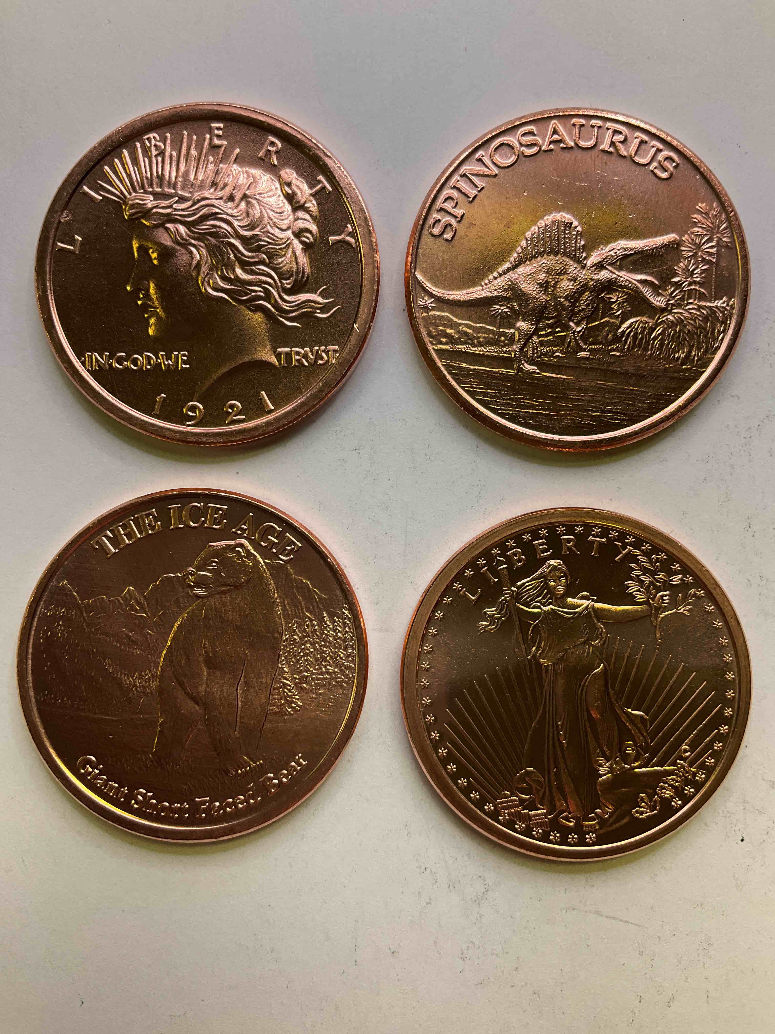 Pure Copper Commemorative Large Coins! One Ounce Pure Copper Commemorative Coin, Brand New In Excellent Condition. 1.5" Diameter. Pure Copper! Four Really Cool Mint Styles, Lady Liberty, Spinosaurus, Ice Age & Walking Liberty. Makes For An Awesome Gift & Investment!