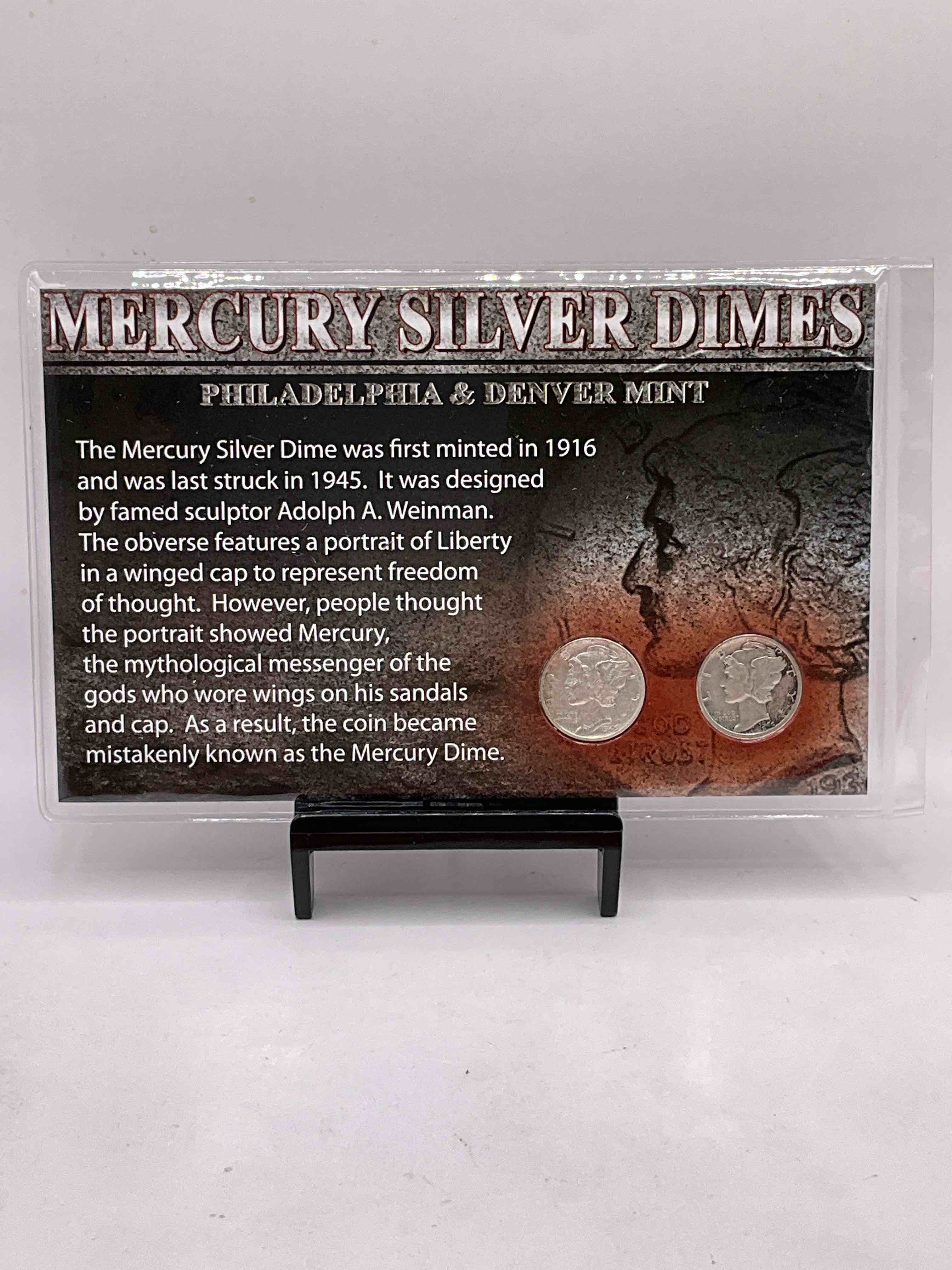 WWII Era Mercury Silver Dimes In Gorgeous Display Piece! Silver Mercury Dimes Were Minted From 1916-1945, Here Are Nice Versions (1944 & 1945) Minted In Philly & Denver During The Height Of WWII. Authentic Collector Display Piece Has Tons Of Cool & Historical Information. A Great Way To Invest in Precious Metals & Also Makes For An Awesome Piece Of History!