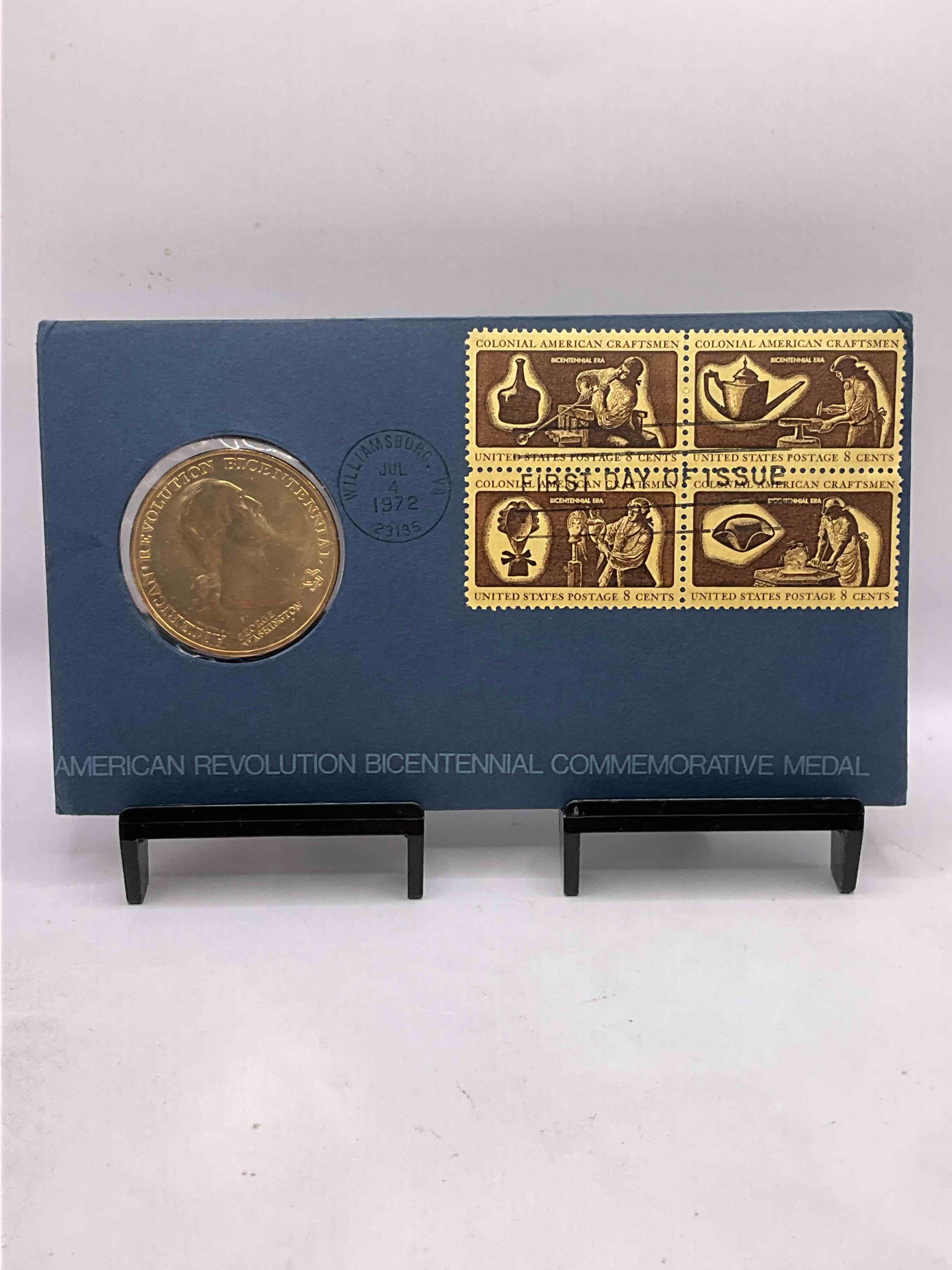 1972 Bicentennial Cool Piece Of History! Check This Out! 1972 George Washington American Revolution Bicentennial Commemorative Medal... Still In Its Original Envelope Directly Issued From The U.S. Treasury and Post Marked JULY 4, 1972 FIRST DAY OF ISSUE! This Gorgeous American Revolution Commemorative Coin Is Gold In Color But NOT Actual Gold / Precious Metal. A Cool Piece Of History You May Never Come Across Again, In Original Post-Marked Envelope!