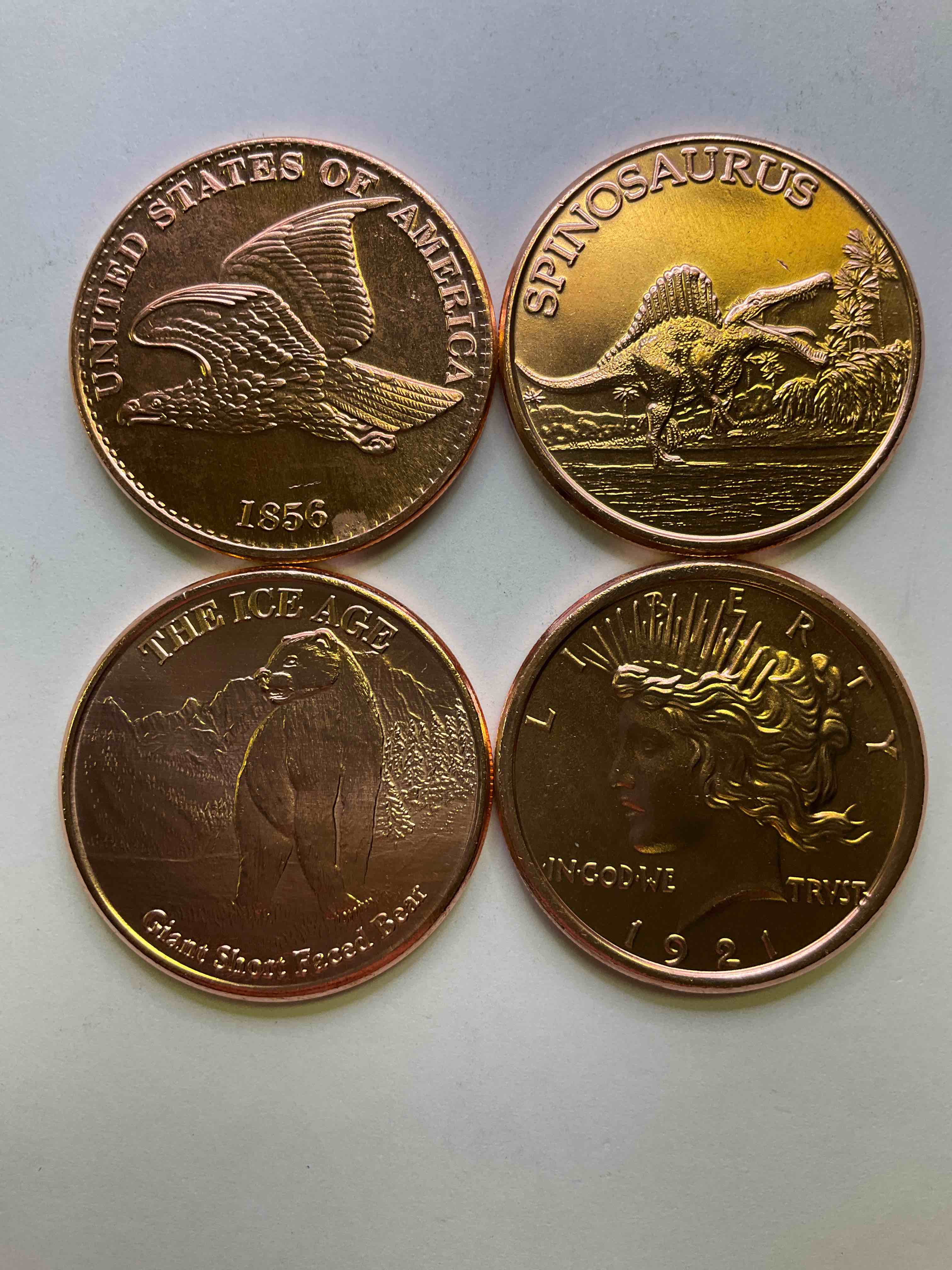 Pure Copper Commemorative Large Coins! One Ounce Pure Copper Commemorative Coin, Brand New In Excellent Condition. 1.5" Diameter. Pure Copper! Four Really Cool Mint Styles, Lady Liberty, Spinosaurus, Ice Age & Flying Eagle. Makes For An Awesome Gift & Investment!