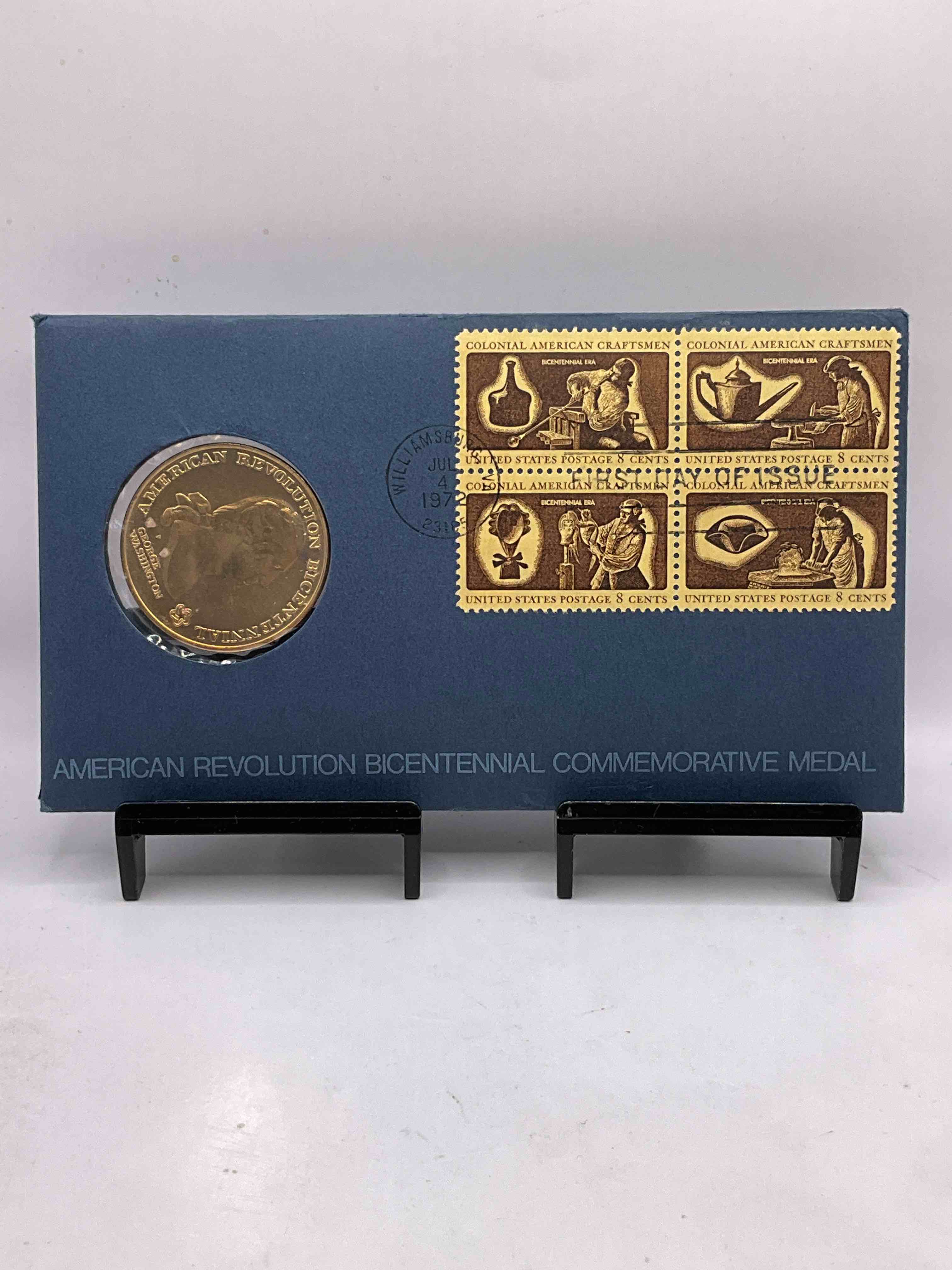 1972 Bicentennial Cool Piece Of History! Check This Out! 1972 George Washington American Revolution Bicentennial Commemorative Medal... Still In Its Original Envelope Directly Issued From The U.S. Treasury and Post Marked JULY 4, 1972 FIRST DAY OF ISSUE! This Gorgeous American Revolution Commemorative Coin Is Gold In Color But NOT Actual Gold / Precious Metal. A Cool Piece Of History You May Never Come Across Again, In Original Post-Marked Envelope!