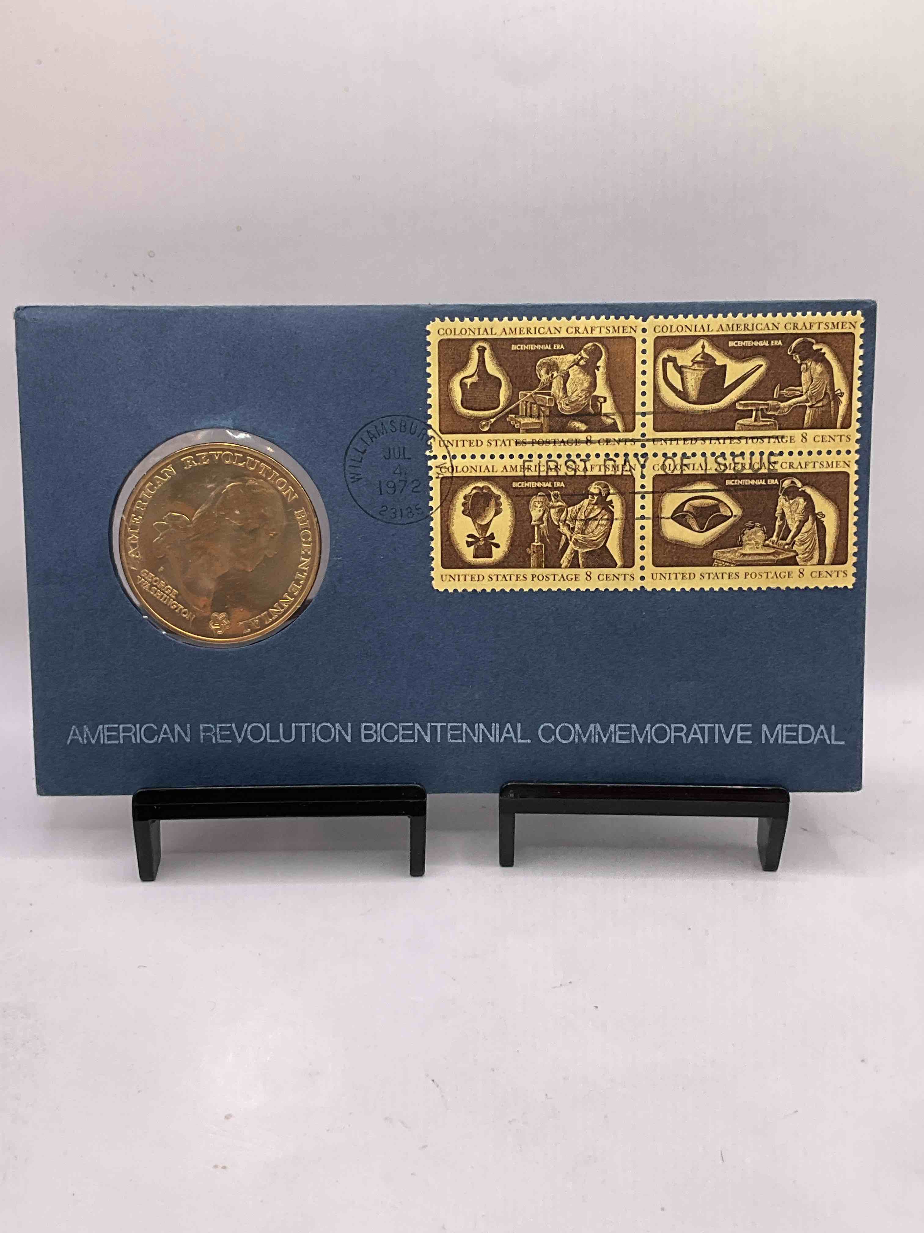 1972 Bicentennial Cool Piece Of History! Check This Out! 1972 George Washington American Revolution Bicentennial Commemorative Medal... Still In Its Original Envelope Directly Issued From The U.S. Treasury and Post Marked JULY 4, 1972 FIRST DAY OF ISSUE! This Gorgeous American Revolution Commemorative Coin Is Gold In Color But NOT Actual Gold / Precious Metal. A Cool Piece Of History You May Never Come Across Again, In Original Post-Marked Envelope!