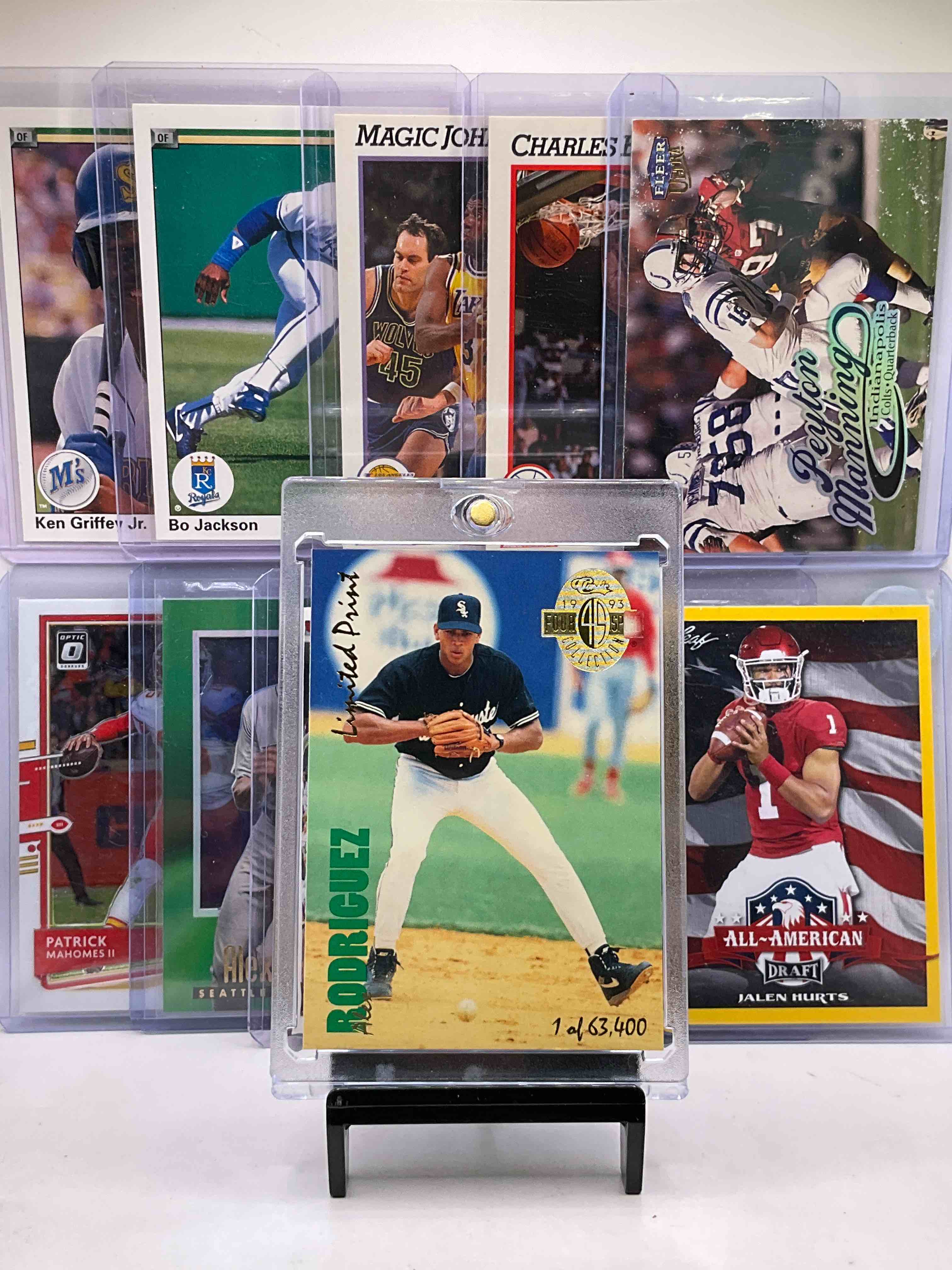 Cool Card Smorgasbord, A-Rod Rookie! Check Out These Awesome Cards Including Rookies From Alex Rodriguez & Jalen Hurts & Early Cards From Patrick Mahomes, Peyton Manning, Archie Griffen & More! Also Includes incredible Vintage Card 1971 A.L RBI Leaders, Magic, Barkley & More!