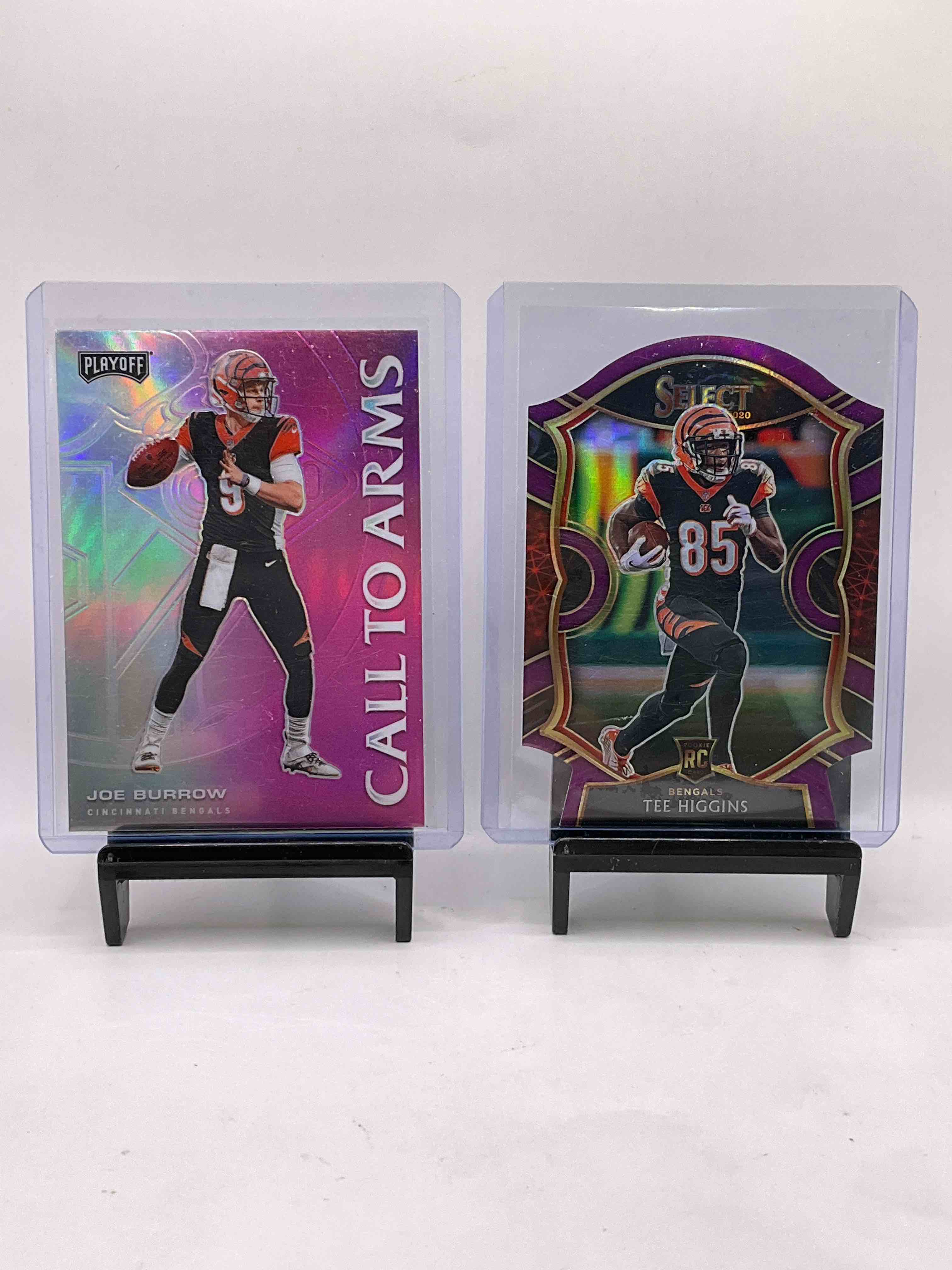 Wow! Bengals Bonanza! Joe Burrow Ultra Rare Purple Refractor Call To Arms Rookie Card, Diecut Tee Higgins Purple Select, Ja’marr Chase Select Rookie Card & More Vintage & New! Insane Who Dey Bundle!