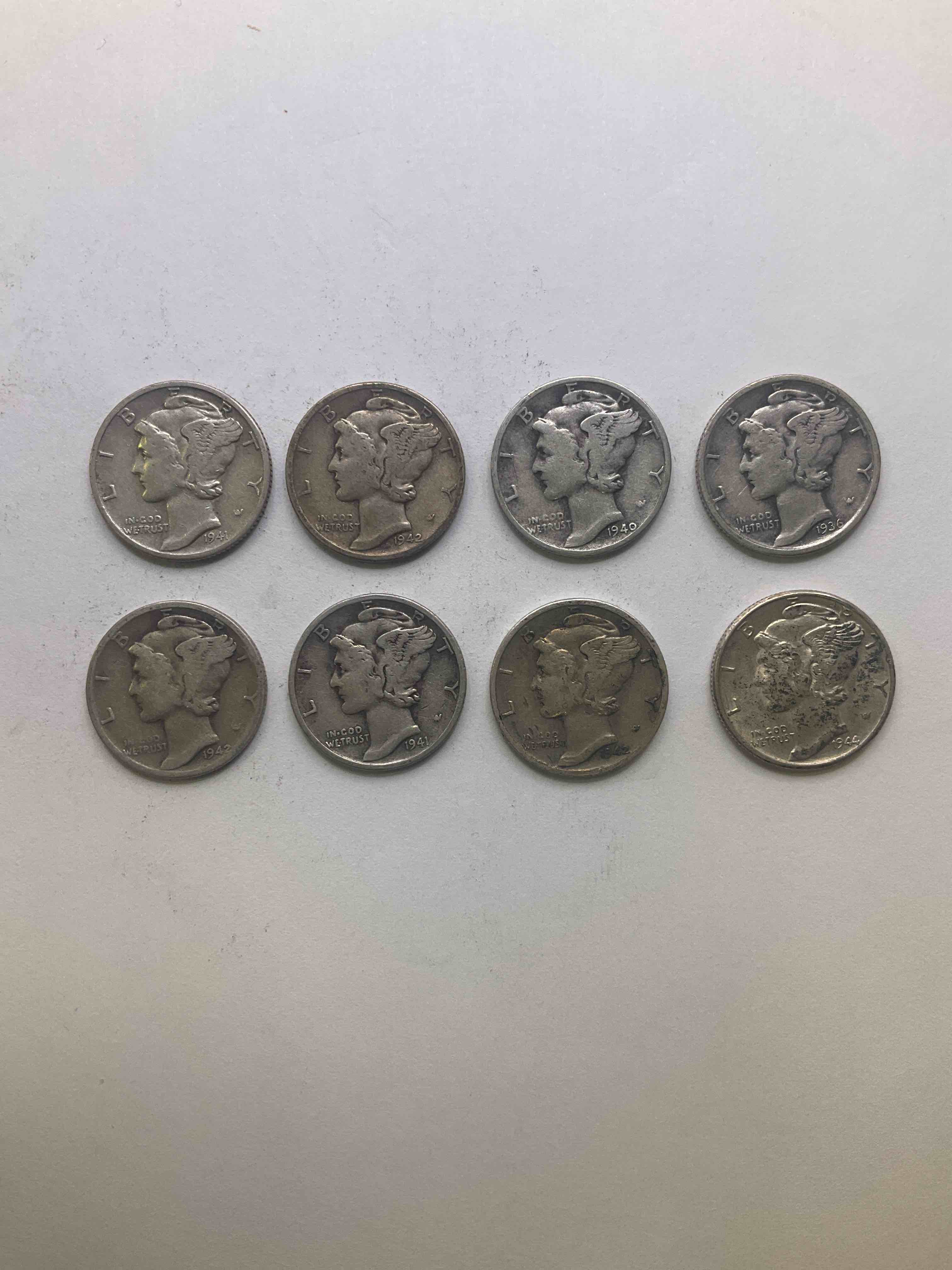 Antique U.S. Silver Mercury Dimes! Silver Mercury Dimes Were Minted From 1916-1945 & Have Become Serious Collector Items! Check Out These Awesome Examples, All In Nice, Circulated Condition With Visible Dates & Varying Years! Rare To Have Visible Dates! Makes For A Great Investment In Precious Metals, Mercury Dimes Are 90% Pure Fine Silver! They Don't Make Em' Like This Anymore! Look For WWII Era Dates!