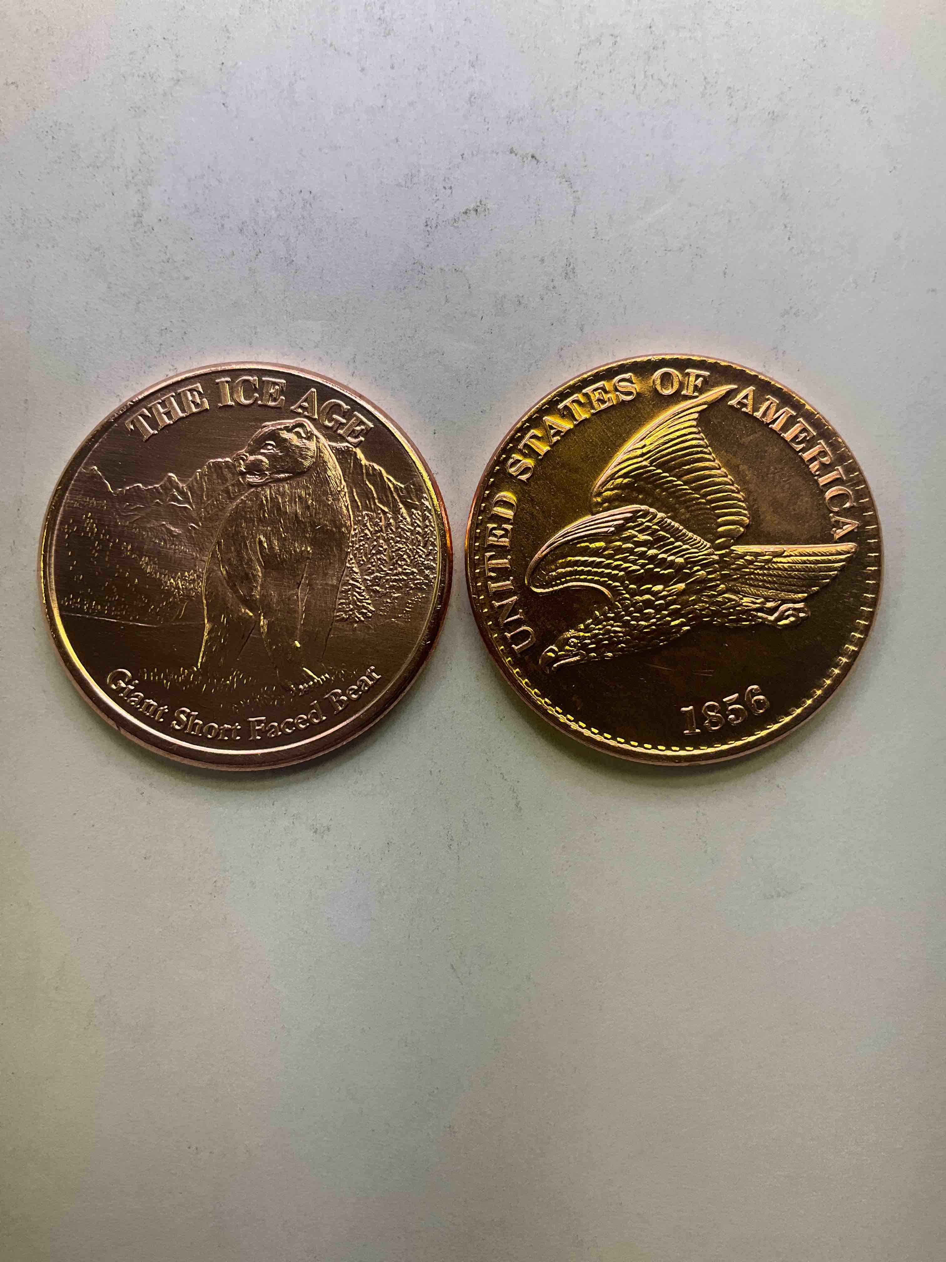 Pure Copper Commemorative Large Coins! One Ounce Pure Copper Commemorative Coin, Brand New In Excellent Condition. 1.5" Diameter. Pure Copper! Ice Age & Flying Eagle Style. Makes For An Awesome Gift & Investment!