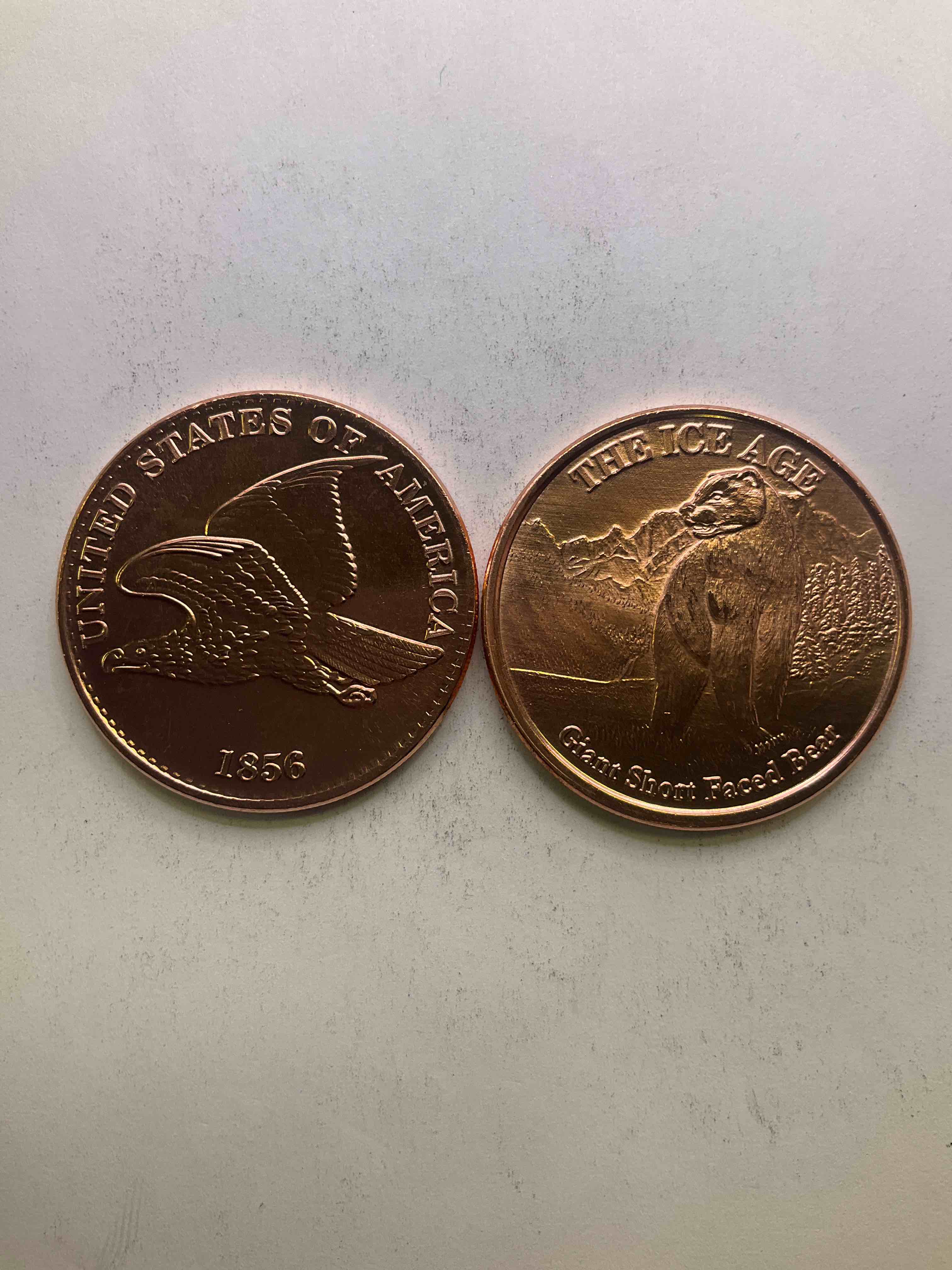 Pure Copper Commemorative Large Coins! One Ounce Pure Copper Commemorative Coin, Brand New In Excellent Condition. 1.5" Diameter. Pure Copper! Ice Age & Flying Eagle Style. Makes For An Awesome Gift & Investment!