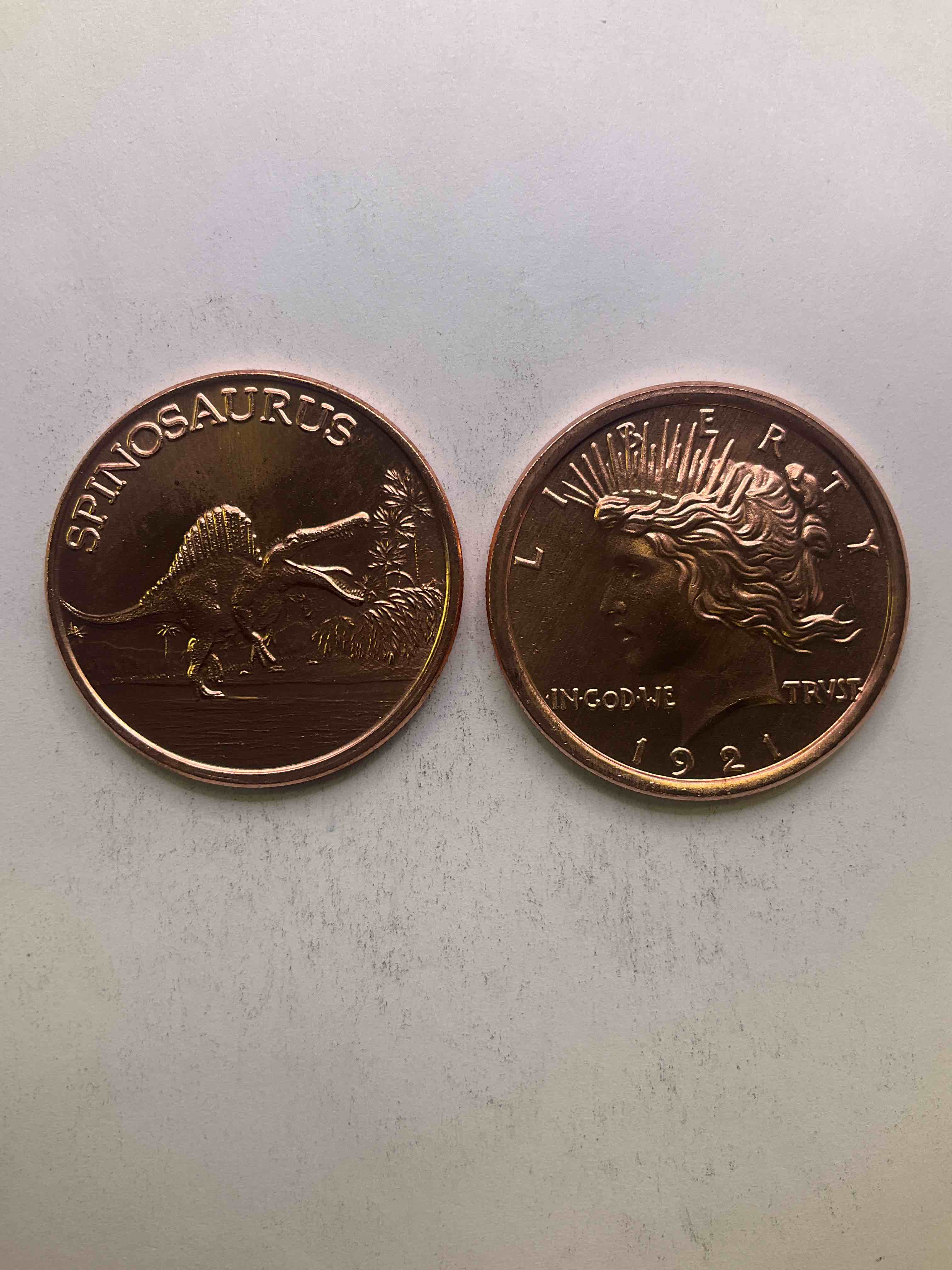 Pure Copper Commemorative Large Coins! One • Ounce Pure Copper Commemorative Coin, Brand New In Excellent Condition. 1.5" Diameter. Pure Copper! Spinosaurus & Mercury Head Style. Makes For An Awesome Gift & Investment!