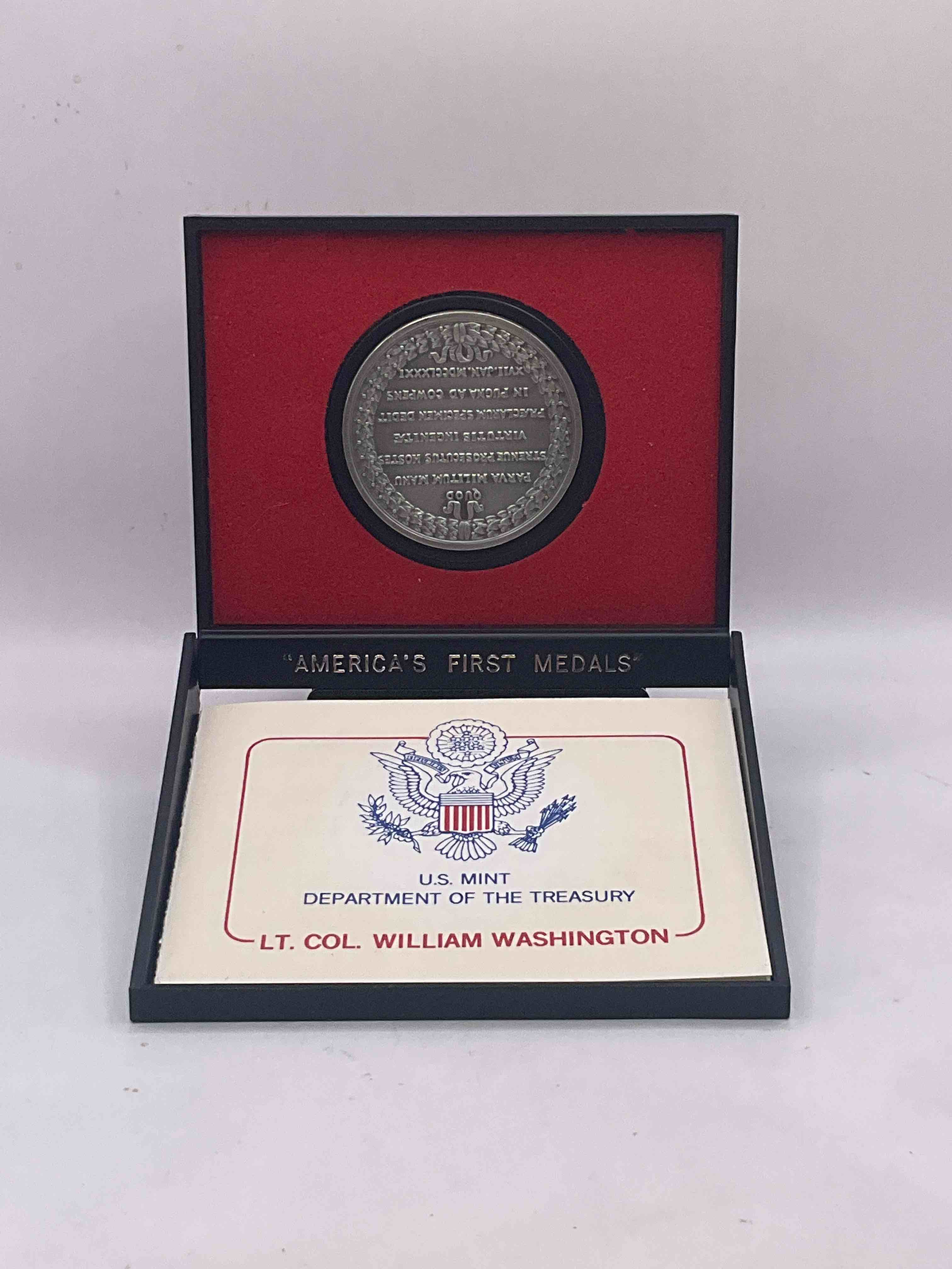 U.S. Mint Vintage America's First Pewter Medals From 1974! Check Out This Cool Piece Of History... A Pewter Reproduction Medal Highlighting Lieutenant Colonel William Washington's Bravery During The American Revolution Battle Of Cowpens Jan 17, 1781. Produced By The Dept Of Treasury To Celebrate America's Bicentennial in 1976! Medal Comes Encased In A Showcase With Info Booklet. Great For The History Buff & Something You May Never Come Across Again!