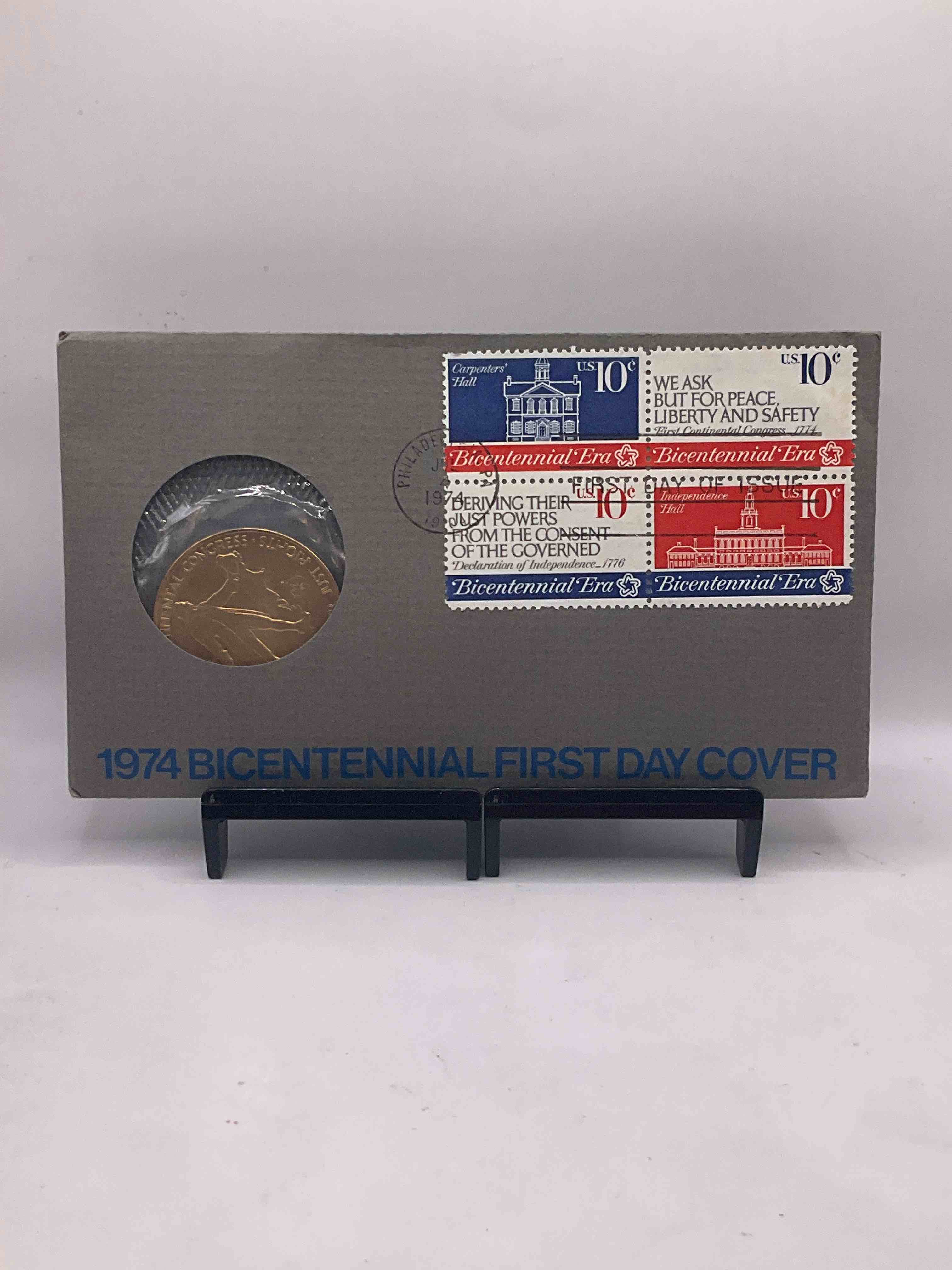 1974 Bicentennial Cool Piece Of History! Check This Out! 1974 John Adams American Revolution Bicentennial Commemorative Medal... Still In Its Original Envelope Directly Issued From The U.S. Treasury and Post Marked JULY 4, 1974 FIRST DAY OF ISSUE! This Gorgeous American Revolution Commemorative Coin Is Gold In Color But NOT Actual Gold / Precious Metal. A Cool Piece Of History You May Never Come Across Again, In Original Post-Marked Envelope!