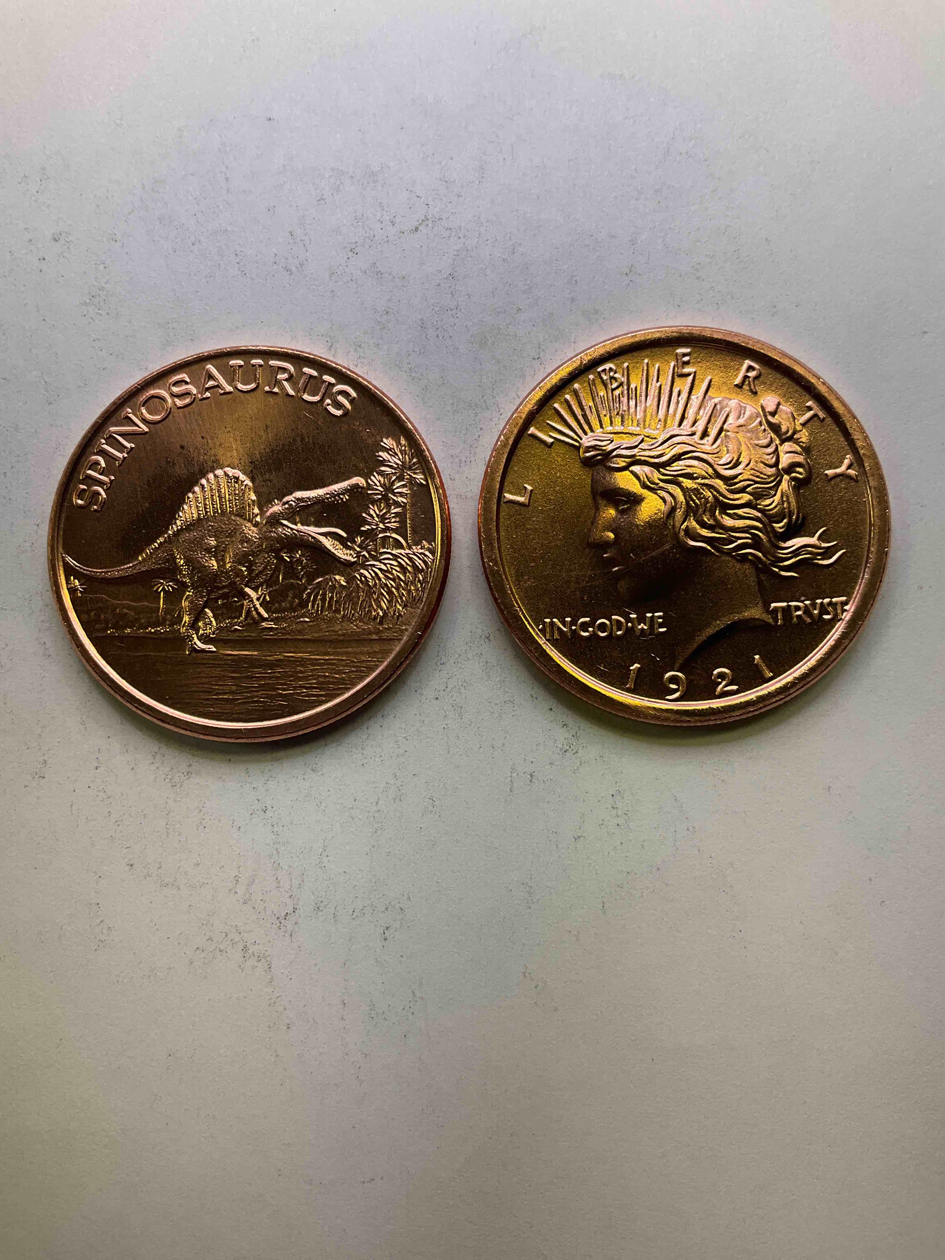 Pure Copper Commemorative Large Coins! One Ounce Pure Copper Commemorative Coin, Brand New In Excellent Condition. 1.5" Diameter. Pure Copper! Spinosaurus & Mercury Head Style. Makes For An Awesome Gift & Investment!