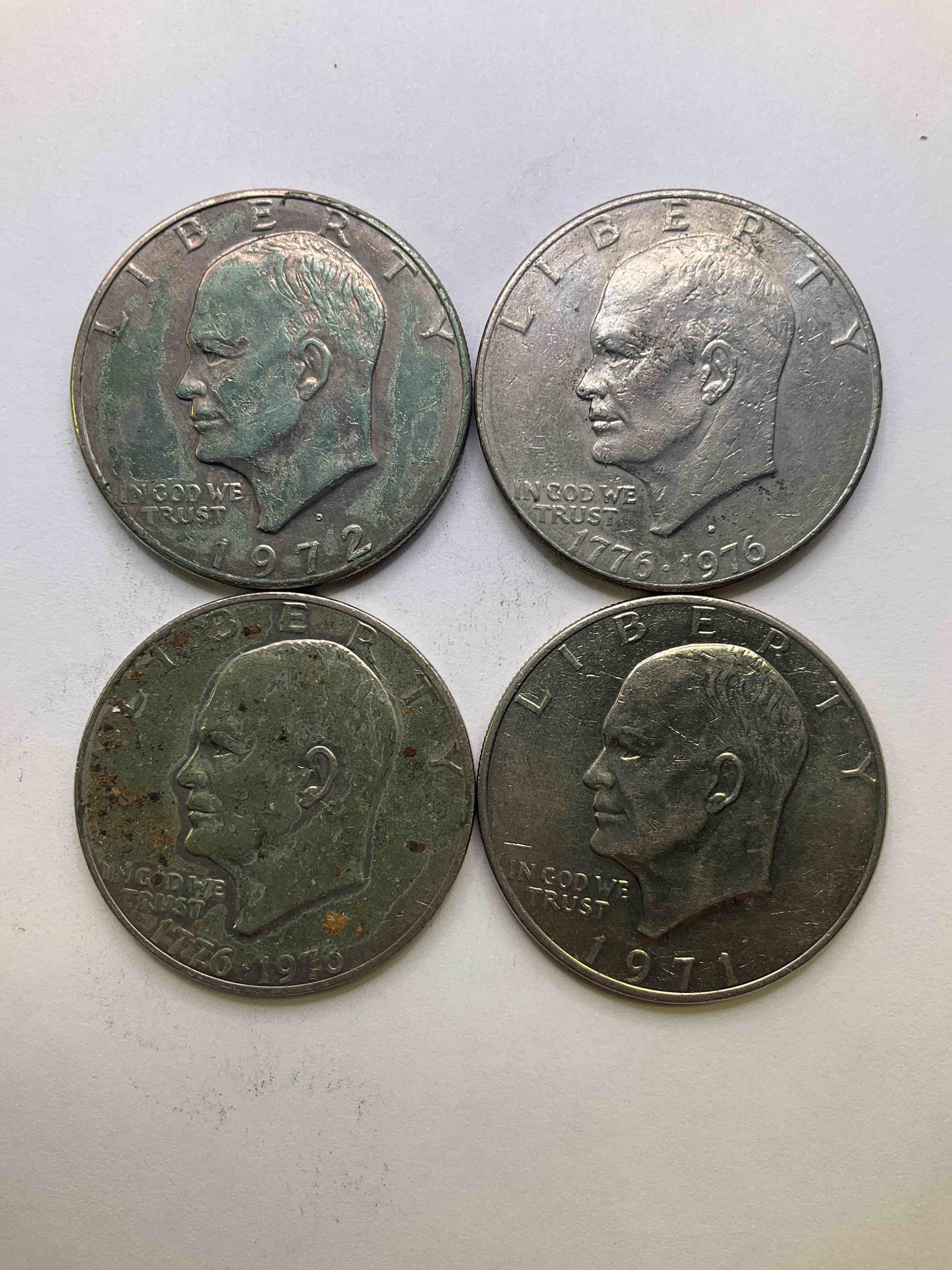 Eisenhower Dollar Coins! These Striking, Large U.S. Coins Were Minted From 1971-1978. Here Are Gorgeous Of Examples Of "Ike" Dollars In Varying Years, Including 1976 Bicentennial. These Coins Have Become Immensely Popular With Collectors & Some Have Great Toning!