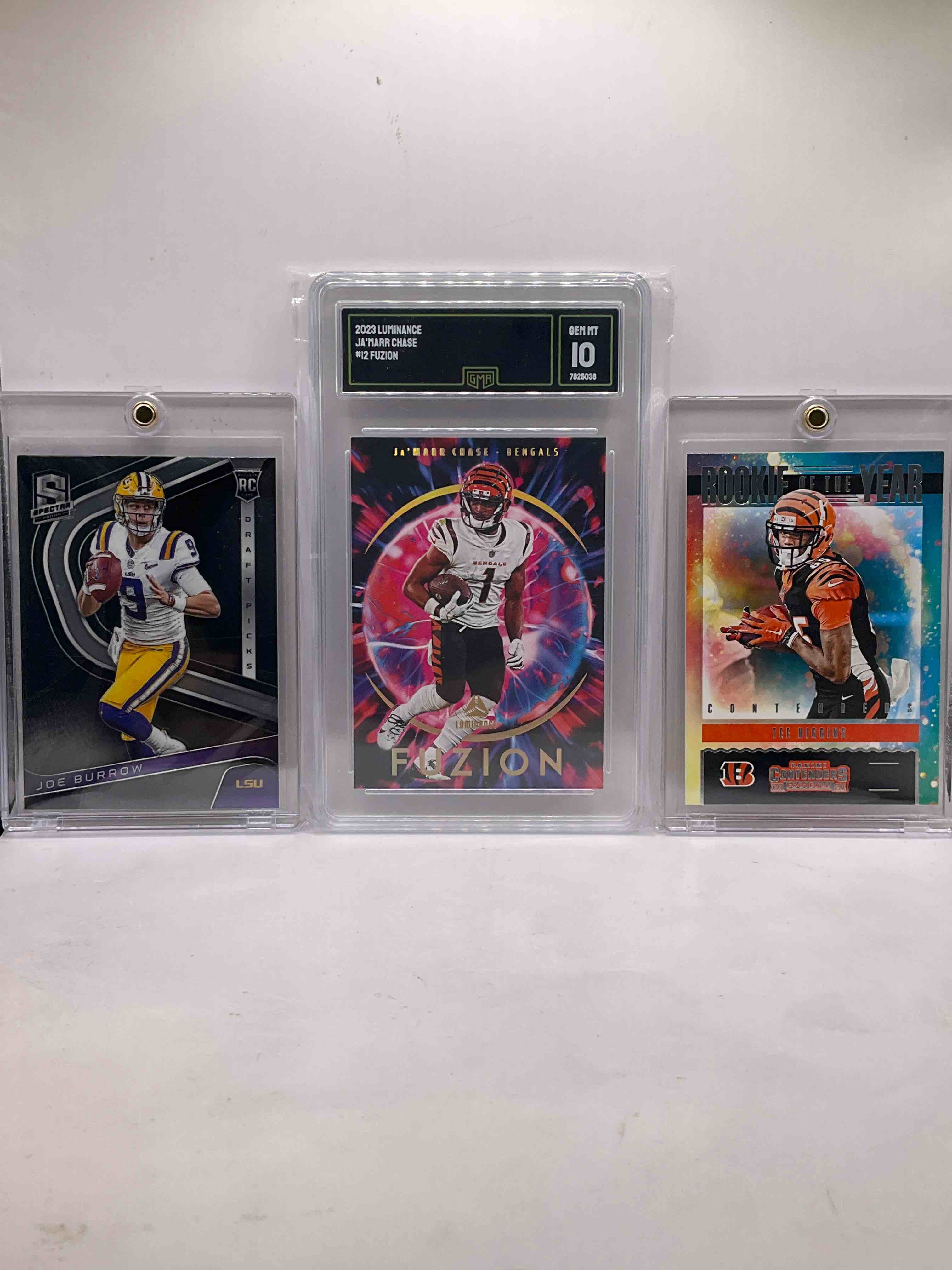 Bengals Palooza! Ja’marr Chase Gem Mint 10 Fuzion Luminance Color Blast Card, Joe Burrow Spectra BLACK Rookie, Tee Higgins Rookie Contenders & More Vintage & New Who Dey Bengals! Esiason, Chase, Collinsworth, Bernard, Mixon, Brown & So Many More!