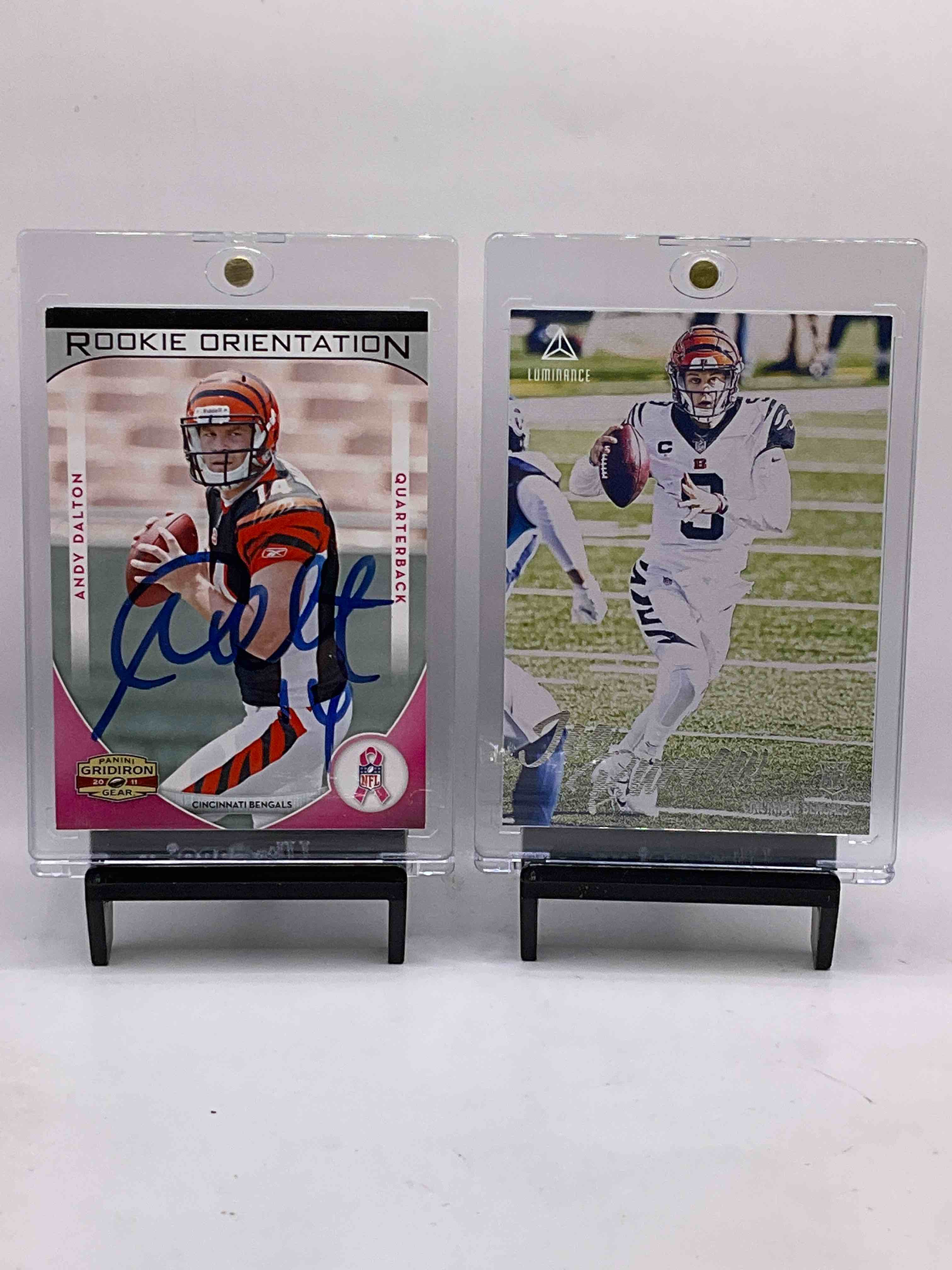 Bengals Bonanza! Cincinnati Legend Andy Dalton ON CARD Signature Rookie Card, Joe Burrow Luminance Rookie, Ja’marr Chase Spectra Rookie, Tee Higgins Absolute Rookie, Ickey Woods 1000 YD Club Card & So Much More! 50 Card Craziness! Who Dey!