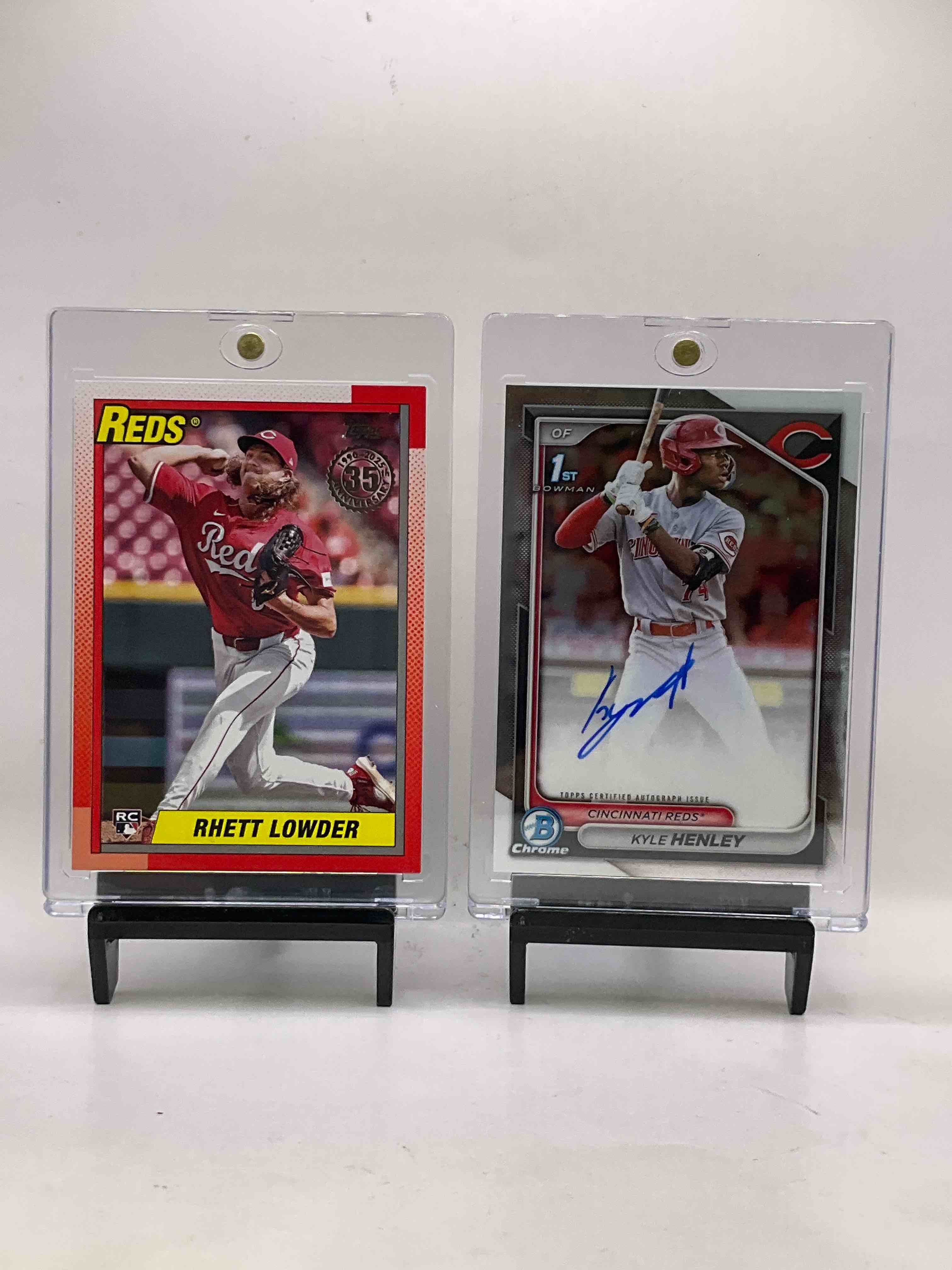 Cincinnati Reds Craziness! Three Signed Cards! Rare Rhett Lowder Rookie Card, Kyle Henley On Card Autograph Bowman Chrome Card, Carlos Jorge Beautiful On Card Autograph Card, Alfredo Duno On Card Autograph Card, Elly De La Cruz Rookie & So Much More Reds! 50 Card Craziness!