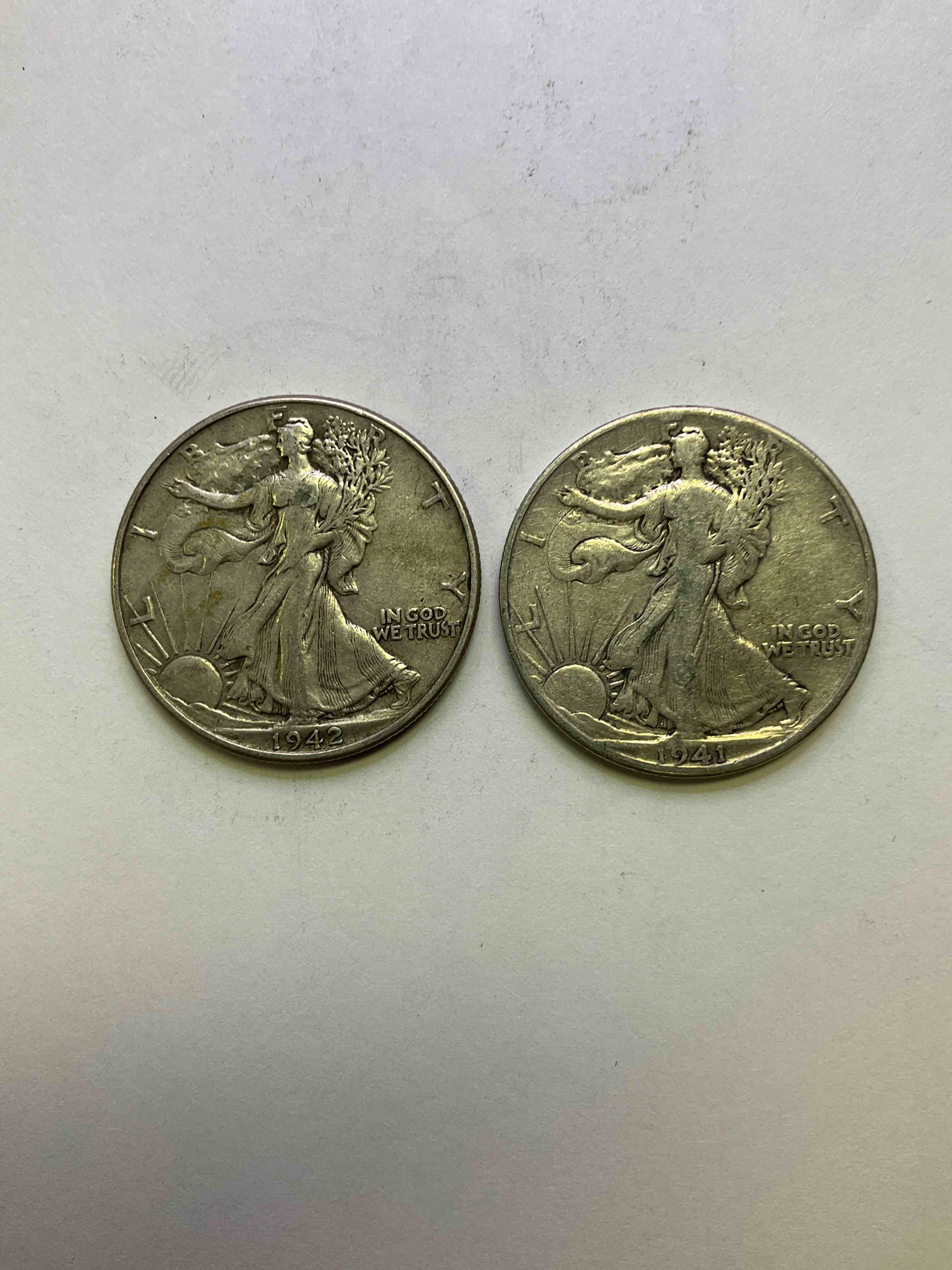 Liberty Walking Silver Fine U.S. Silver Half Dollars! These Striking Half Dollars Were Minted From 1916-1947 & Have Become Some Of The Most Collectible Coins In History! Here Are Two Striking Circulated Examples From 1942 & 1941, The Height Of World War II! Liberty Walking Coins Are 90% Fine U.S. Silver, A Great Investment In Precious Metals!