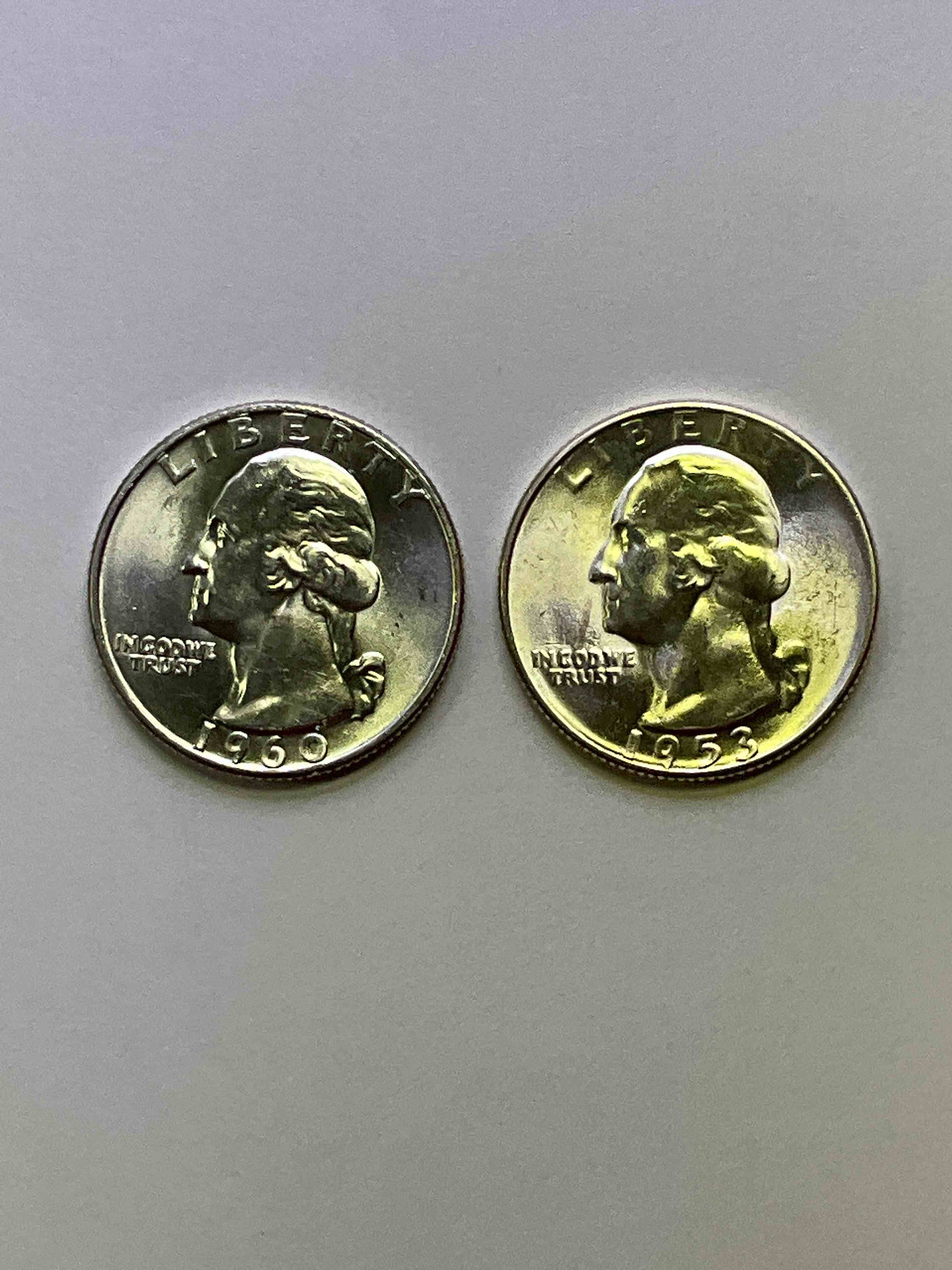 George Washington Uncirculated Silver! Pre 1965 U.S. Quarter Dollar Coins Were Actually Silver, Here Are two Great Examples Of Awesome, Pristine George Washington Silver Quarters, Stunning & Uncirculated, 1953 & 1960! Great For Investing In Precious Metals! These Coins Were Minted At 90% Silver and 10% Copper, Giving Them A Net Weight Of .18084 Ounces Of Pure Silver Per Coin! Very Hard To Find Uncirculated, Stunning! Invest In Fine U.S. Silver!