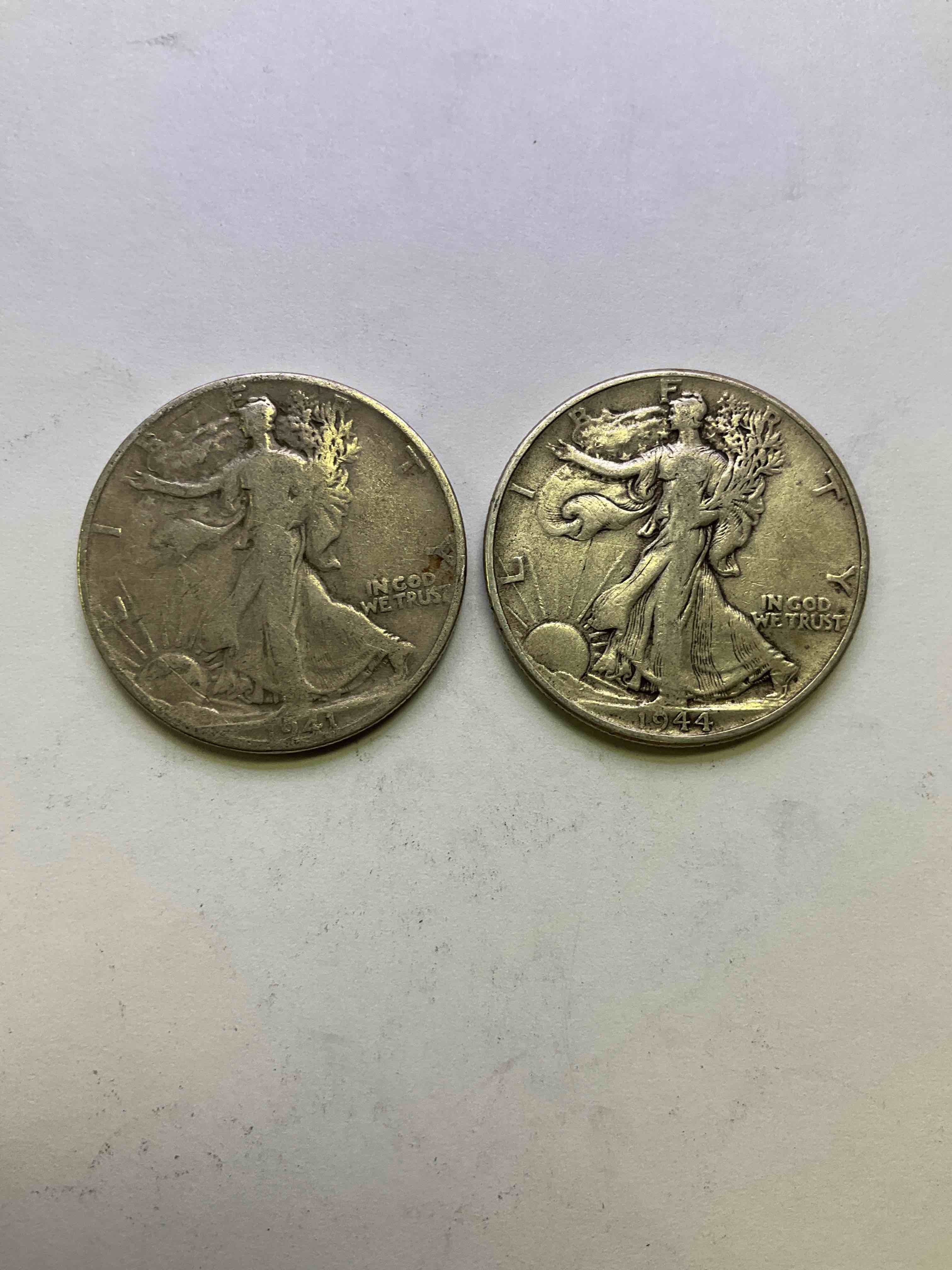 Liberty Walking Silver Fine U.S. Silver Half Dollars! These Striking Half Dollars Were Minted From 1916-1947 & Have Become Some Of The Most Collectible Coins In History! Here Are Two Striking Circulated Examples From 1944 & 1941, The Height Of World War II! Liberty Walking Coins Are 90% Fine U.S. Silver, A Great Investment In Precious Metals!