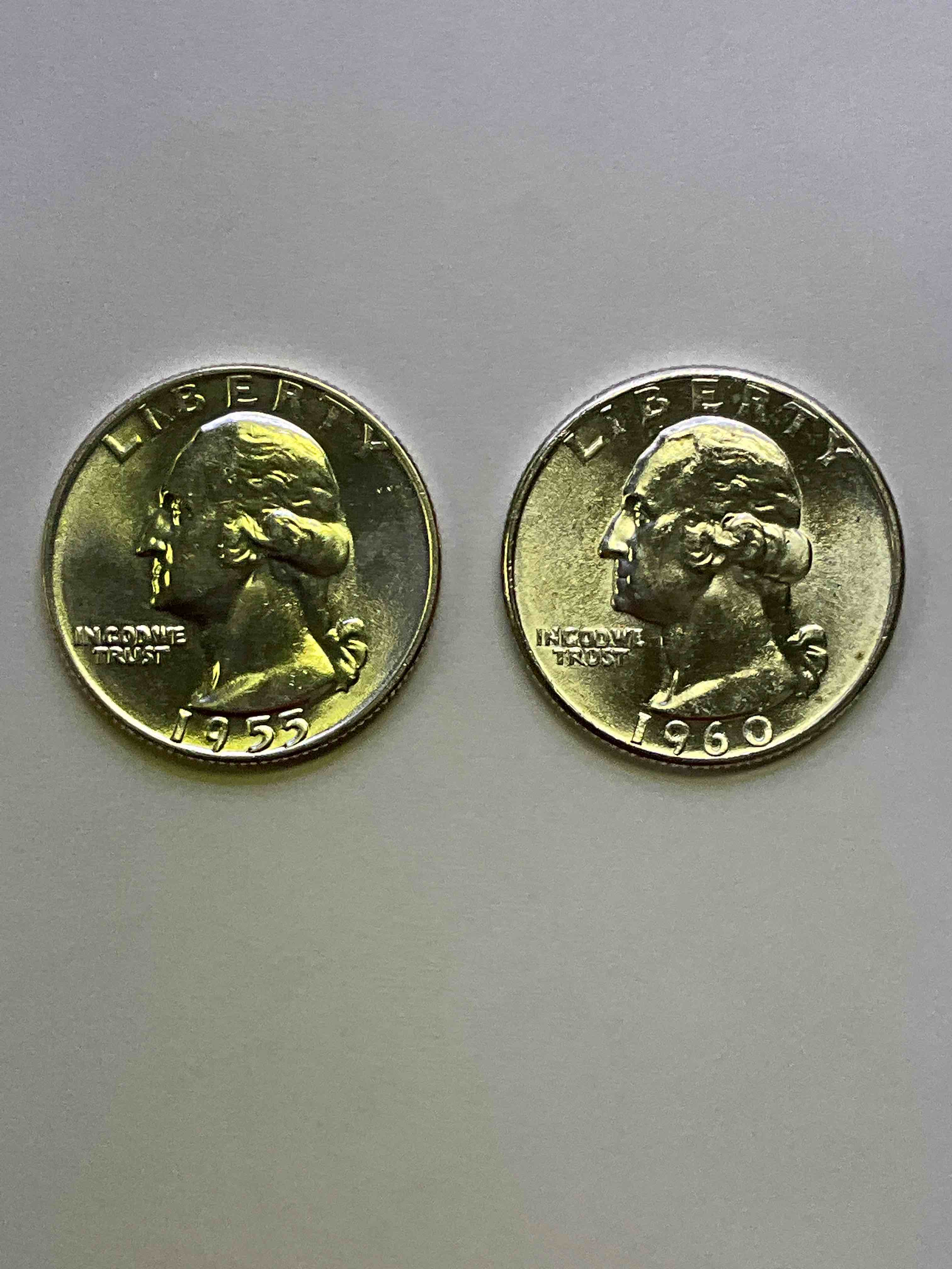 George Washington Uncirculated Silver! Pre 1965 U.S. Quarter Dollar Coins Were Actually Silver, Here Are two Great Examples Of Awesome, Pristine George Washington Silver Quarters, Stunning & Uncirculated, 1955 & 1960! Great For Investing In Precious Metals! These Coins Were Minted At 90% Silver and 10% Copper, Giving Them A Net Weight Of .18084 Ounces Of Pure Silver Per Coin! Very Hard To Find Uncirculated, Stunning! Invest In Fine U.S. Silver!