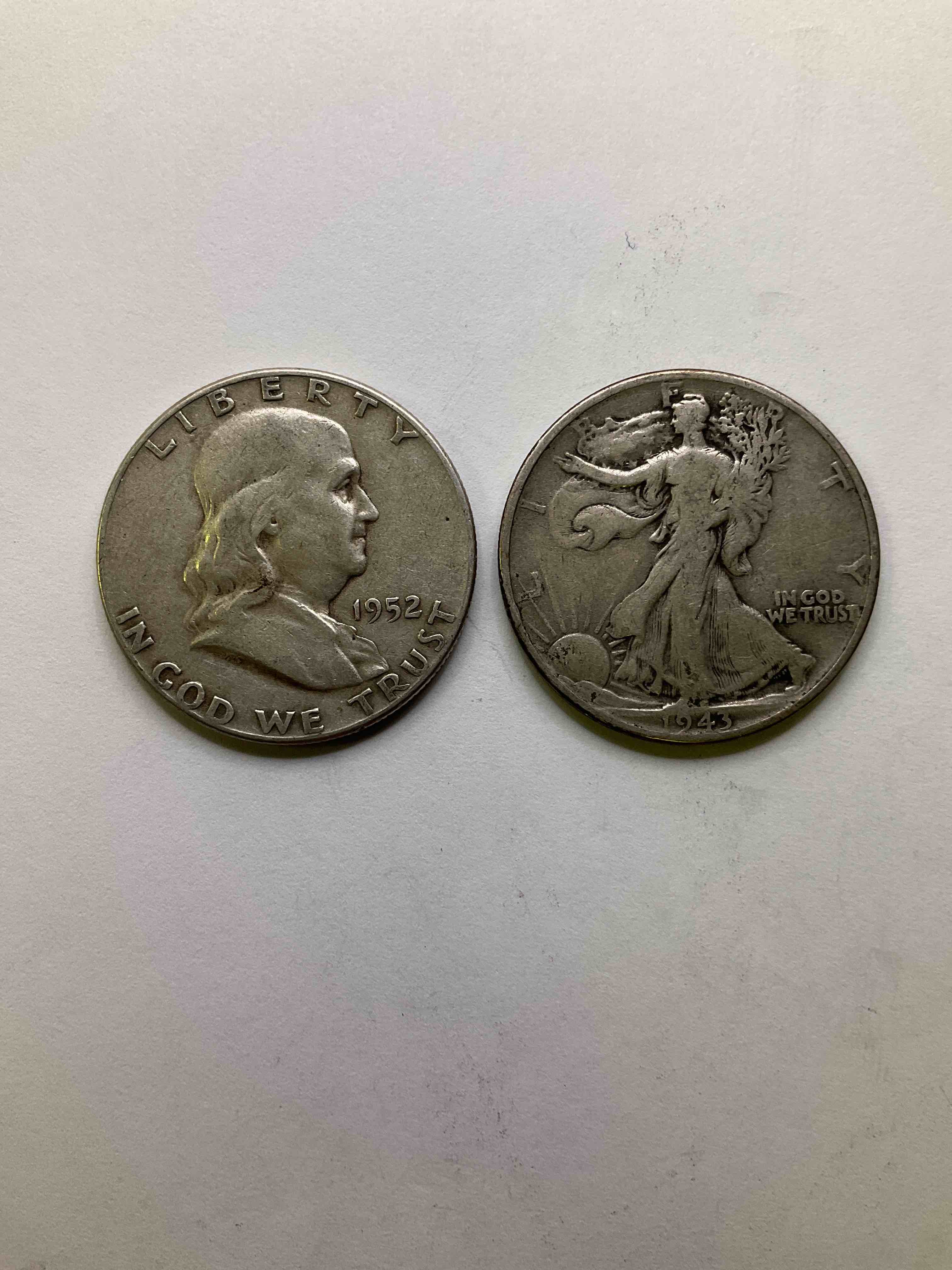 Antique U.S Fine Silver! A "Liberty Walking" & A Ben Franklin Fine U.S. Silver Half Dollar! These Striking Antique Half Dollars Are 90% Fine U.S. Silver & Are From 1943 & 1952. A Great Investment In Precious Metals!