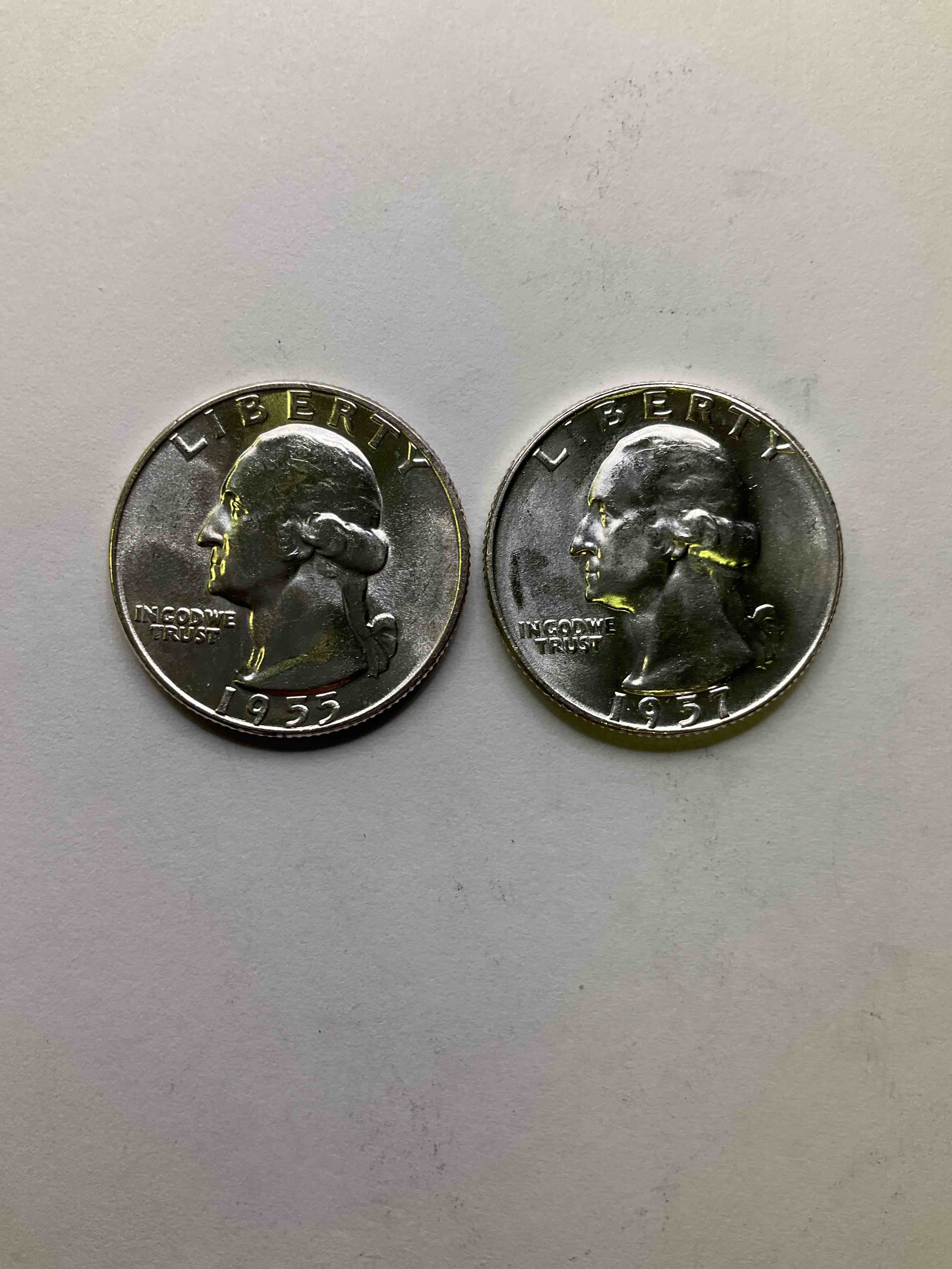 George Washington Uncirculated Silver! Pre 1965 U.S. Quarter Dollar Coins Were Actually Silver, Here Are two Great Examples Of Awesome, Pristine George Washington Silver Quarters, Stunning & Uncirculated, 1955 & 1957! Great For Investing In Precious Metals! These Coins Were Minted At 90% Silver and 10% Copper, Giving Them A Net Weight Of .18084 Ounces Of Pure Silver Per Coin! Very Hard To Find Uncirculated, Stunning! Invest In Fine U.S. Silver!