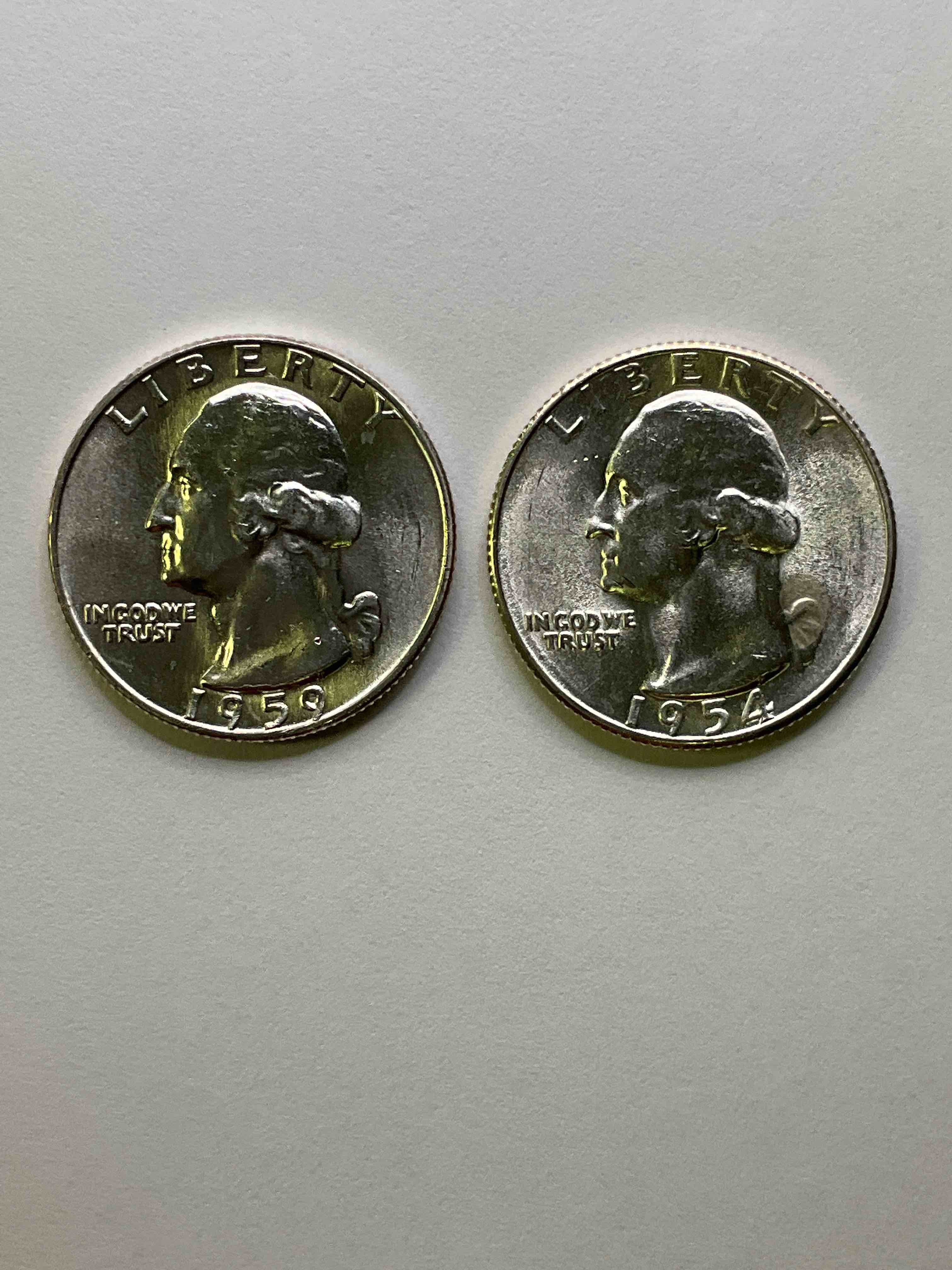 George Washington Uncirculated Silver, Includes Rare ‘54 "S'’ San Francisco Mint Mark! Pre 1965 U.S. Quarter Dollar Coins Were Actually Silver, Here Are two Great Examples Of Awesome, Pristine George Washington Silver Quarters, Stunning & Uncirculated, 1954 & 1959! Great For Investing In Precious Metals! These Coins Were Minted At 90% Silver and 10% Copper, Giving Them A Net Weight Of .18084 Ounces Of Pure Silver Per Coin! Very Hard To Find Uncirculated, Stunning! Invest In Fine U.S. Silver!