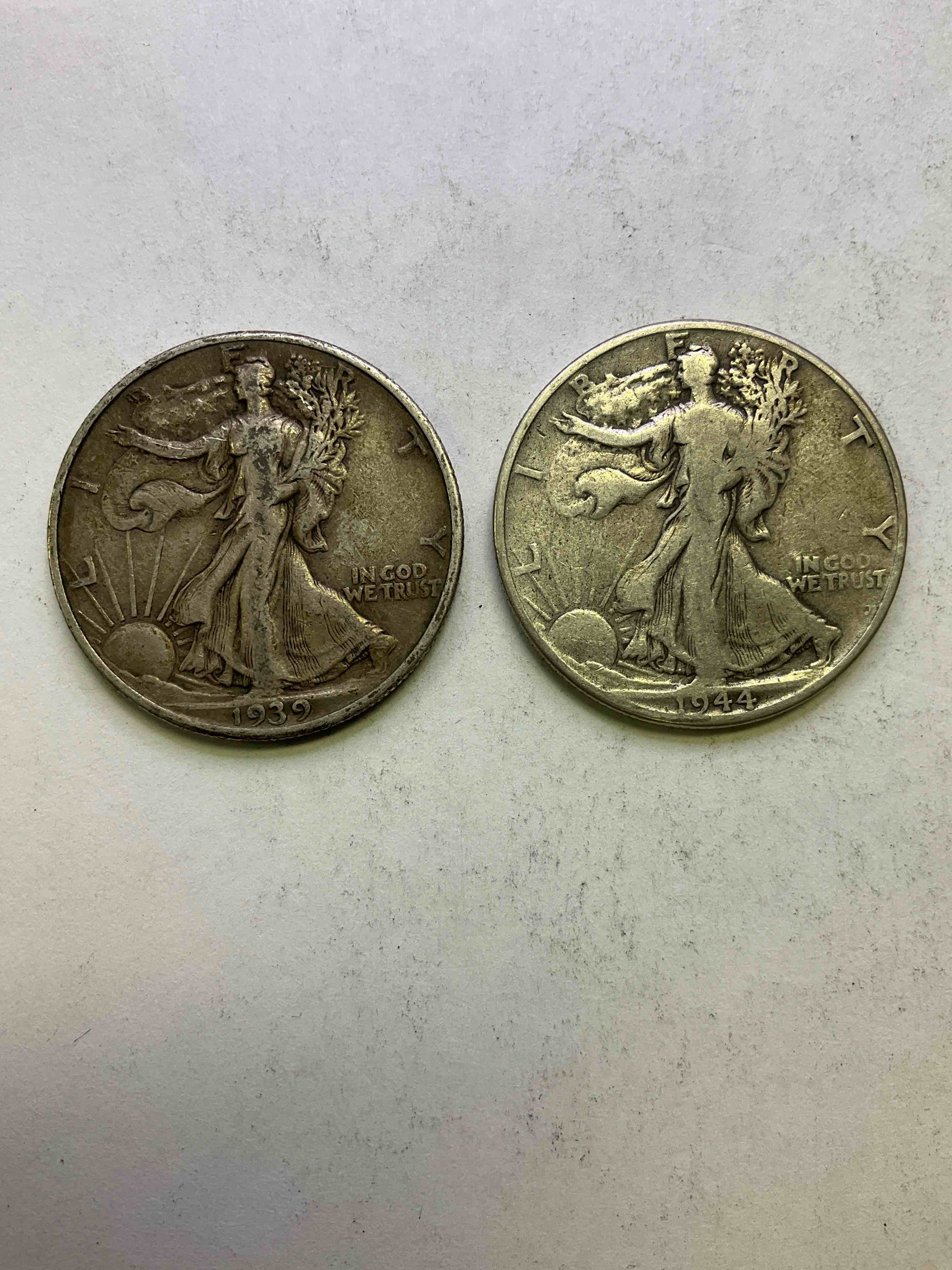 Antique U.S. Silver! Liberty Walking Silver Fine U.S. Silver Half Dollars! These Striking Half Dollars Were Minted From 1916-1947 & Have Become Some Of The Most Collectible Coins In History! Here Are Two Striking Circulated Examples From 1939 & 1944, The Height Of World War II! Liberty Walking Coins Are 90% Fine U.S. Silver, A Great Investment In Precious Metals!