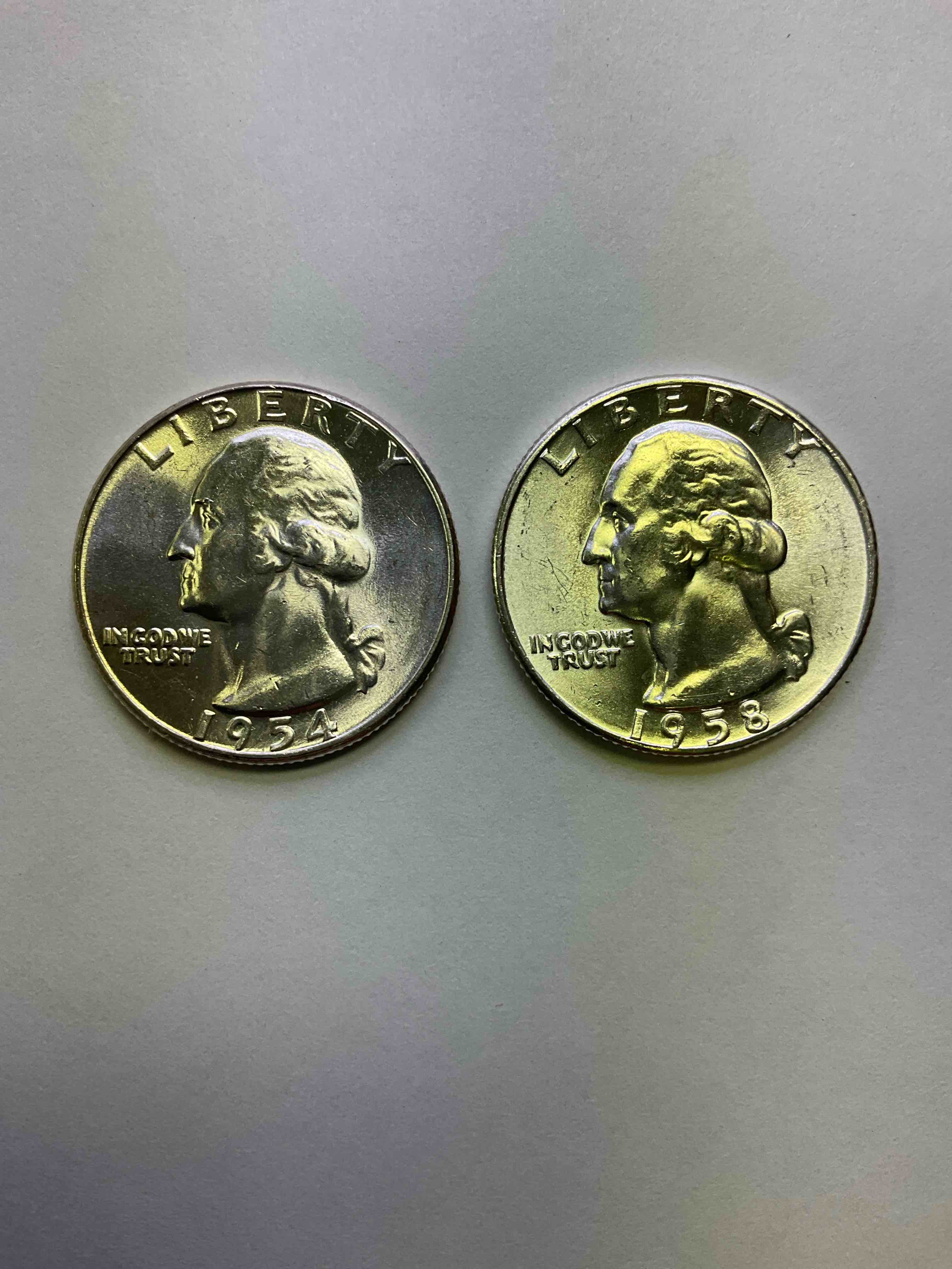 George Washington Uncirculated Silver! Pre 1965 U.S. Quarter Dollar Coins Were Actually Silver, Here Are two Great Examples Of Awesome, Pristine George Washington Silver Quarters, Stunning & Uncirculated, 1954 & 1958! Great For Investing In Precious Metals! These Coins Were Minted At 90% Silver and 10% Copper, Giving Them A Net Weight Of. 18084 Ounces Of Pure Silver Per Coin! Very Hard To Find Uncirculated, Stunning! Invest In Fine U.S. Silver!