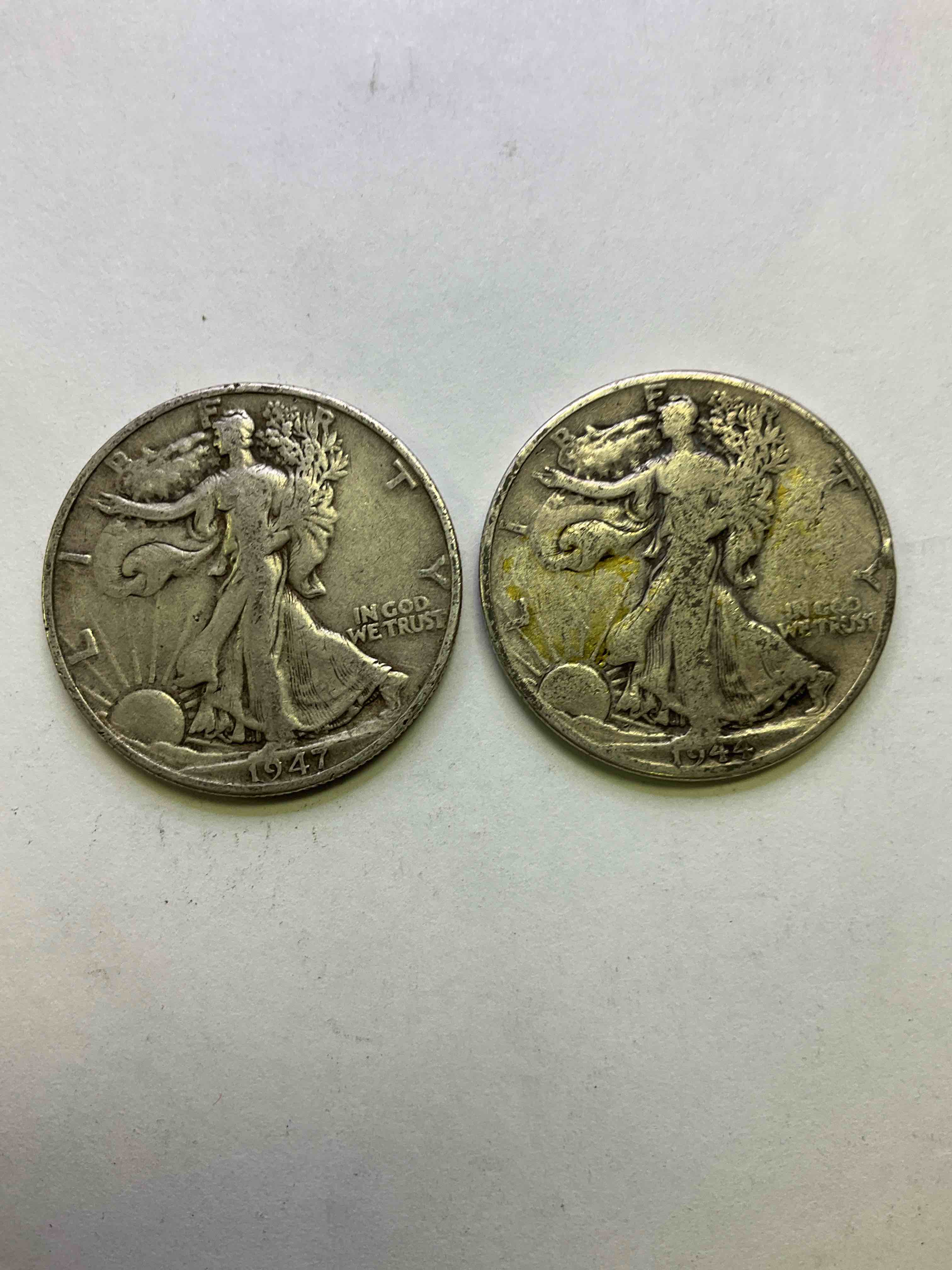 Antique U.S. Silver! Liberty Walking Silver Fine U.S. Silver Half Dollars! These Striking Half Dollars Were Minted From 1916-1947 & Have Become Some Of The Most Collectible Coins In History! Here Are Two Striking Circulated Examples From 1944 & 1947, The Height Of World War II! Liberty Walking Coins Are 90% Fine U.S. Silver, A Great Investment In Precious Metals!