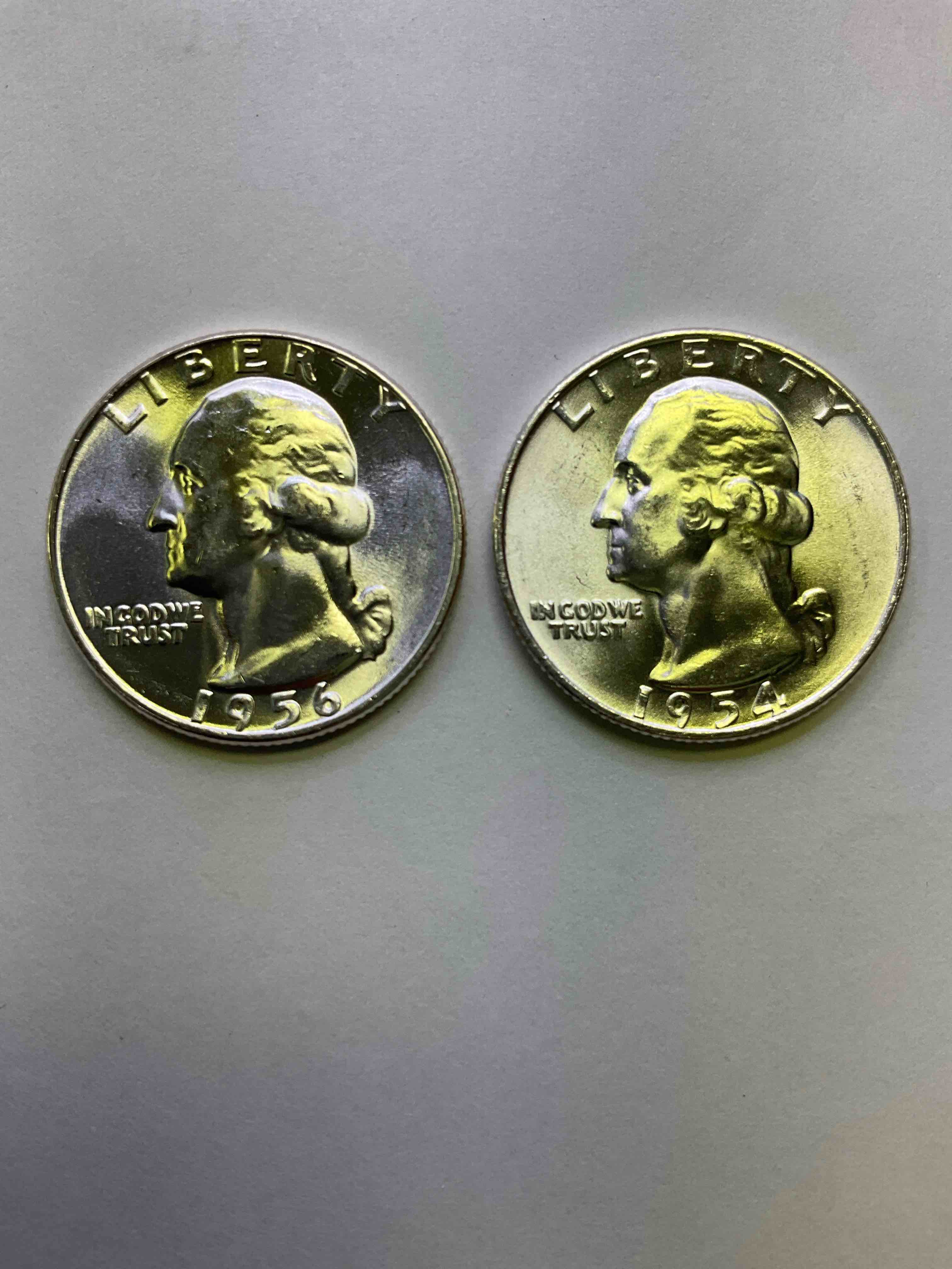 George Washington Uncirculated Silver! Pre 1965 U.S. Quarter Dollar Coins Were Actually Silver, Here Are two Great Examples Of Awesome, Pristine George Washington Silver Quarters, Stunning & Uncirculated, 1954 & 1956! Great For Investing In Precious Metals! These Coins Were Minted At 90% Silver and 10% Copper, Giving Them A Net Weight Of 18084 Ounces Of Pure Silver Per Coin! Very Hard To Find Uncirculated, Stunning! Invest In Fine U.S. Silver!