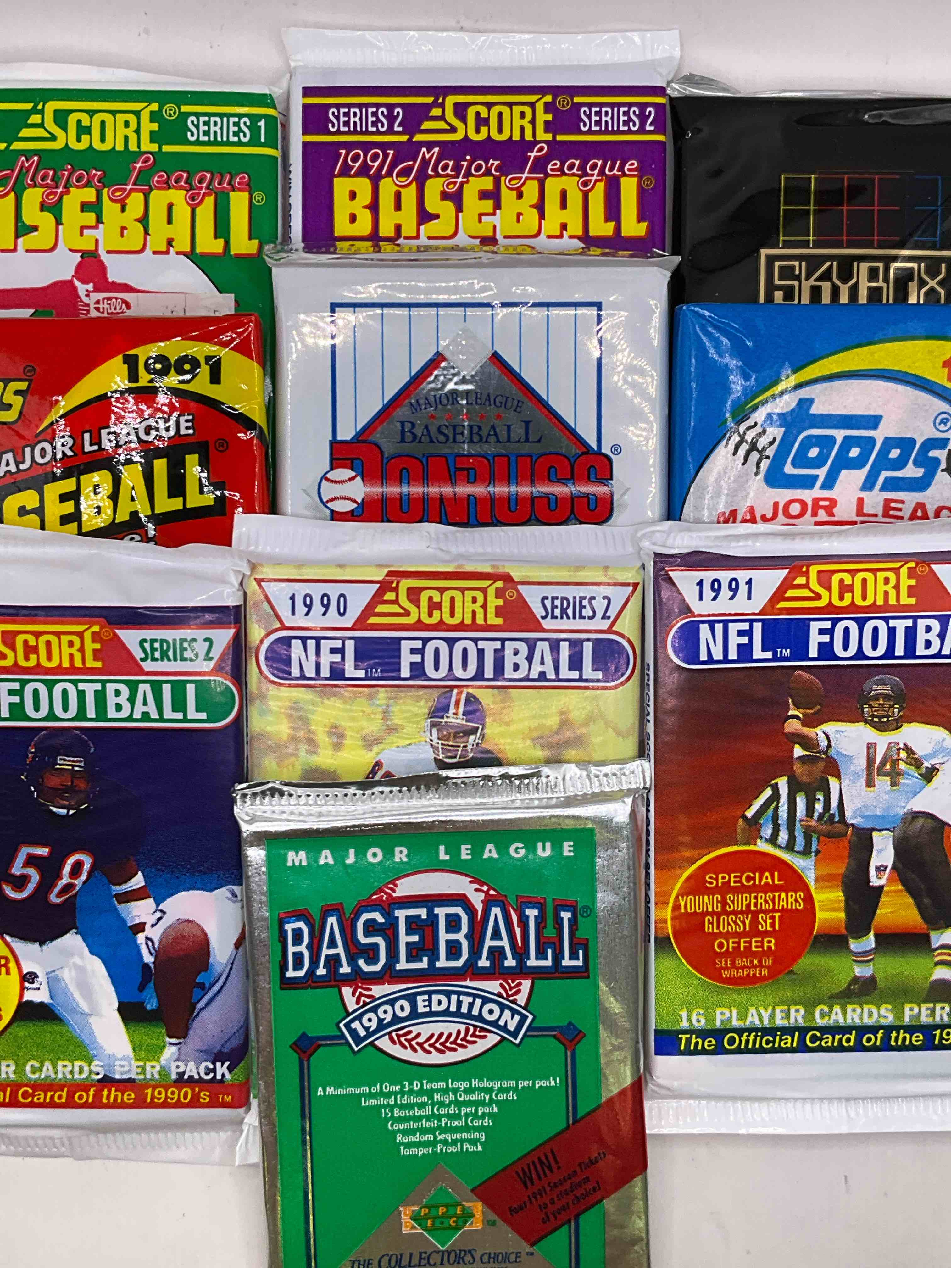 Awesome Pack Lot! Football, Basketball & Baseball! 1991 Topps Baseball, 1990 Upper Deck Baseball, 1993 Donruss Baseball & More! 1990 Skybox Basketball!
