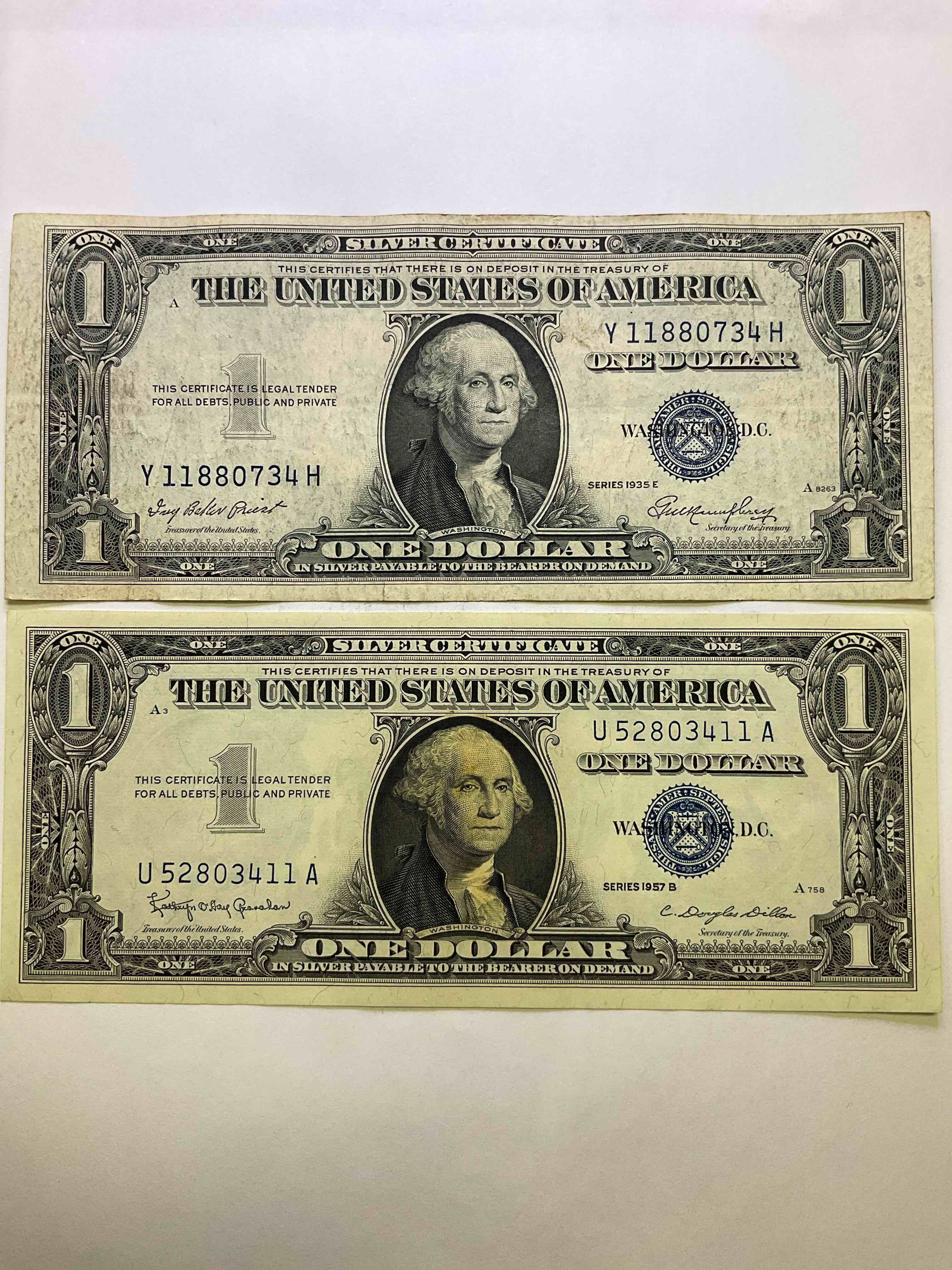 1935 Silver Certificates! Did You Know That Prior To 1964 One Dollar U.S. Paper Money Was Actually Redeemable For Silver Dollars?! Wow How Times Have Changed! Silver Certificates Were Produced From 1878 To 1964 & Are Still Considered Legal Tender At Face Value. Here Are Two Gorgeous, Circulated 1935 U.S. One Dollar Silver Certificates, With Highly Collectible "Blue Seal!" Own An Awesome Piece Of History!