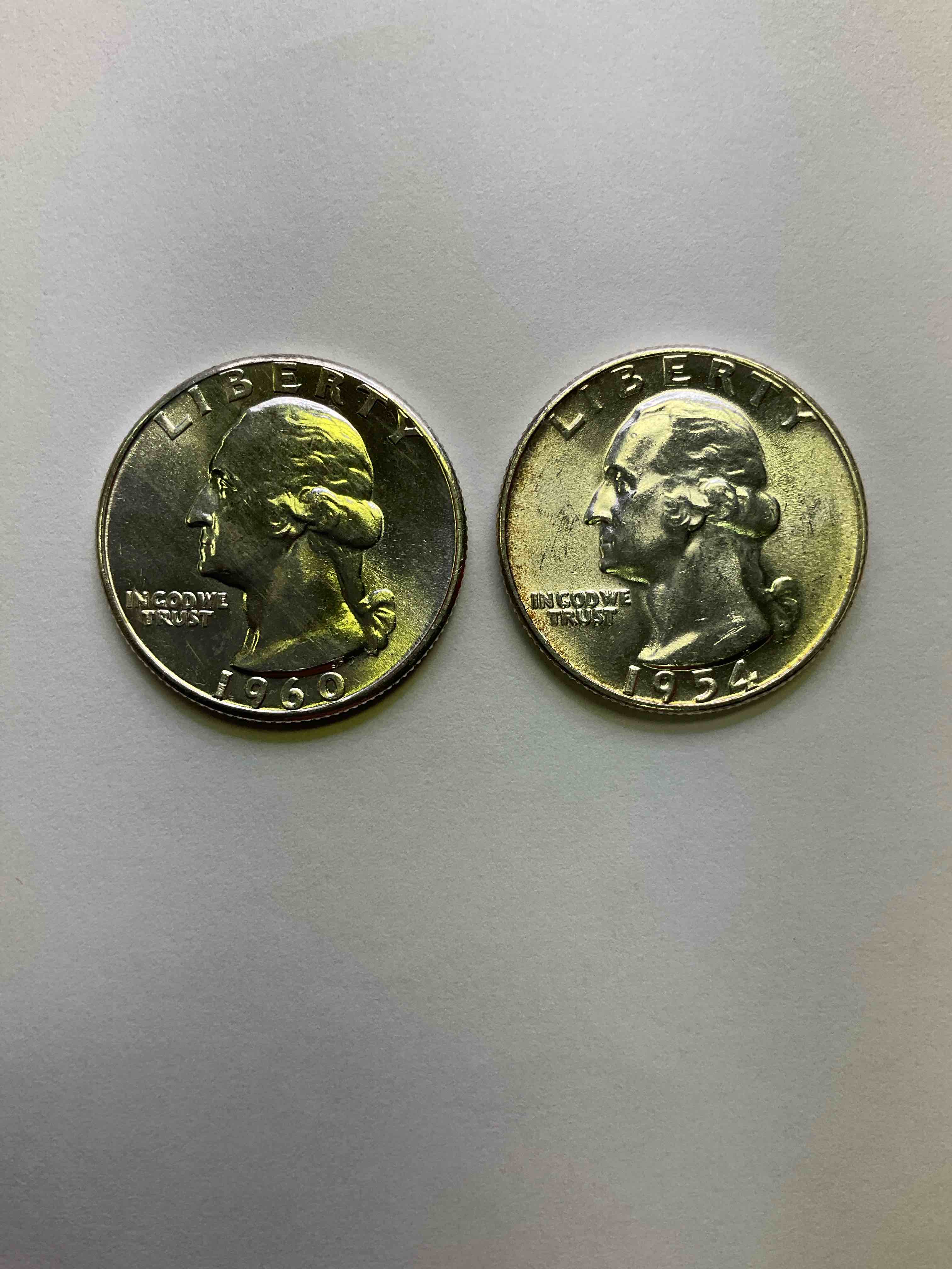 George Washington Uncirculated Silver! Pre 1965 U.S. Quarter Dollar Coins Were Actually Silver, Here Are two Great Examples Of Awesome, Pristine George Washington Silver Quarters, Stunning & Uncirculated! Rare 1954 Mint & 1960! Great For Investing In Precious Metals! These Coins Were Minted At 90% Silver and 10% Copper, Giving Them A Net Weight Of .18084 Ounces Of Pure Silver Per Coin! Very Hard To Find Uncirculated, Stunning! Invest In Fine U.S. Silver!