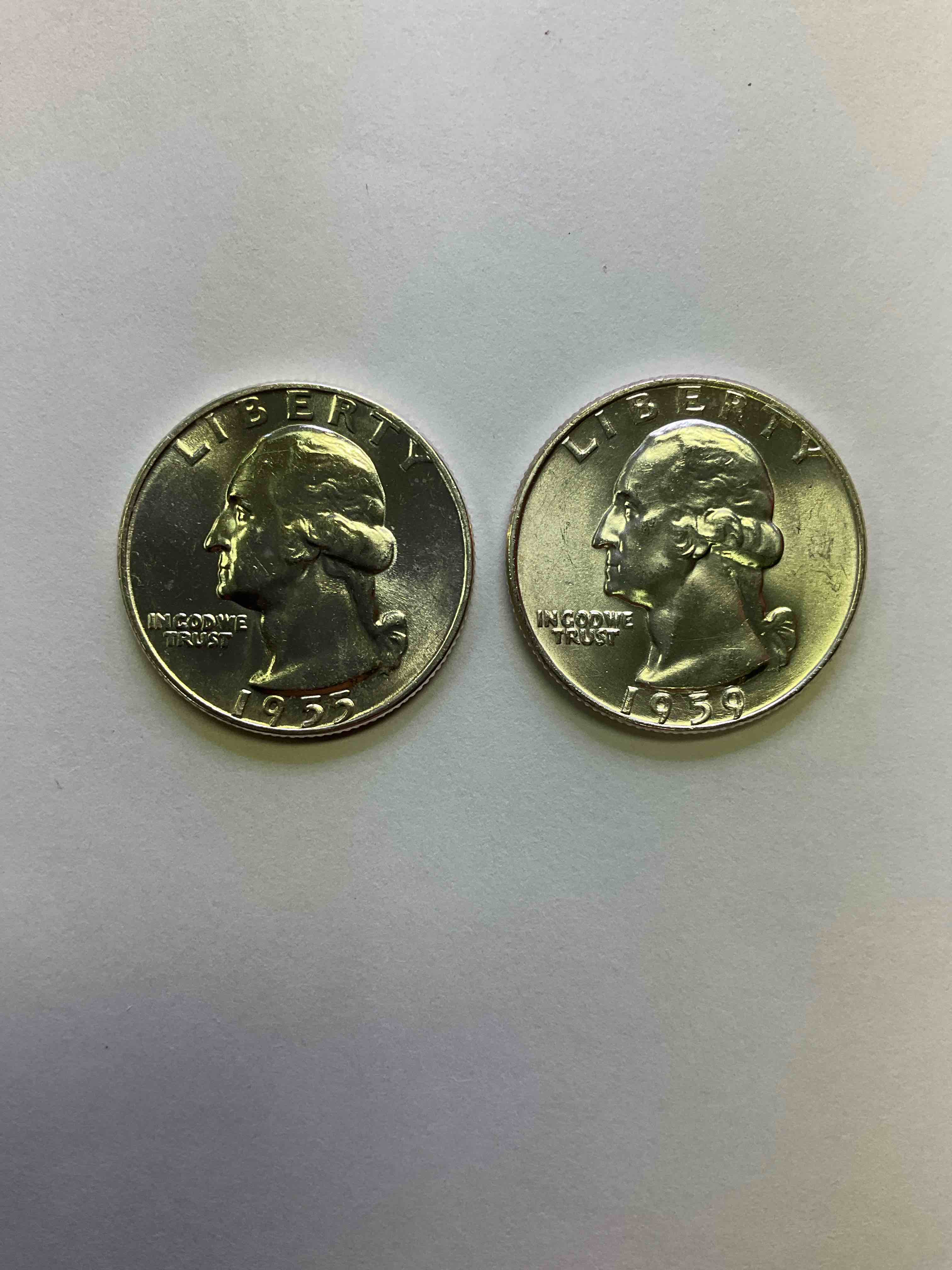 George Washington Uncirculated Silver! Pre 1965 U.S. Quarter Dollar Coins Were Actually Silver, Here Are two Great Examples Of Awesome, Pristine George Washington Silver Quarters, Stunning & Uncirculated, Rare Dates Of 1955 & 1959! Great For Investing In Precious Metals! These Coins Were Minted At 90% Silver and 10% Copper, Giving Them A Net Weight Of 18084 Ounces Of Pure Silver Per Coin! Very Hard To Find Uncirculated, Stunning! Invest In Fine U.S. Silver!