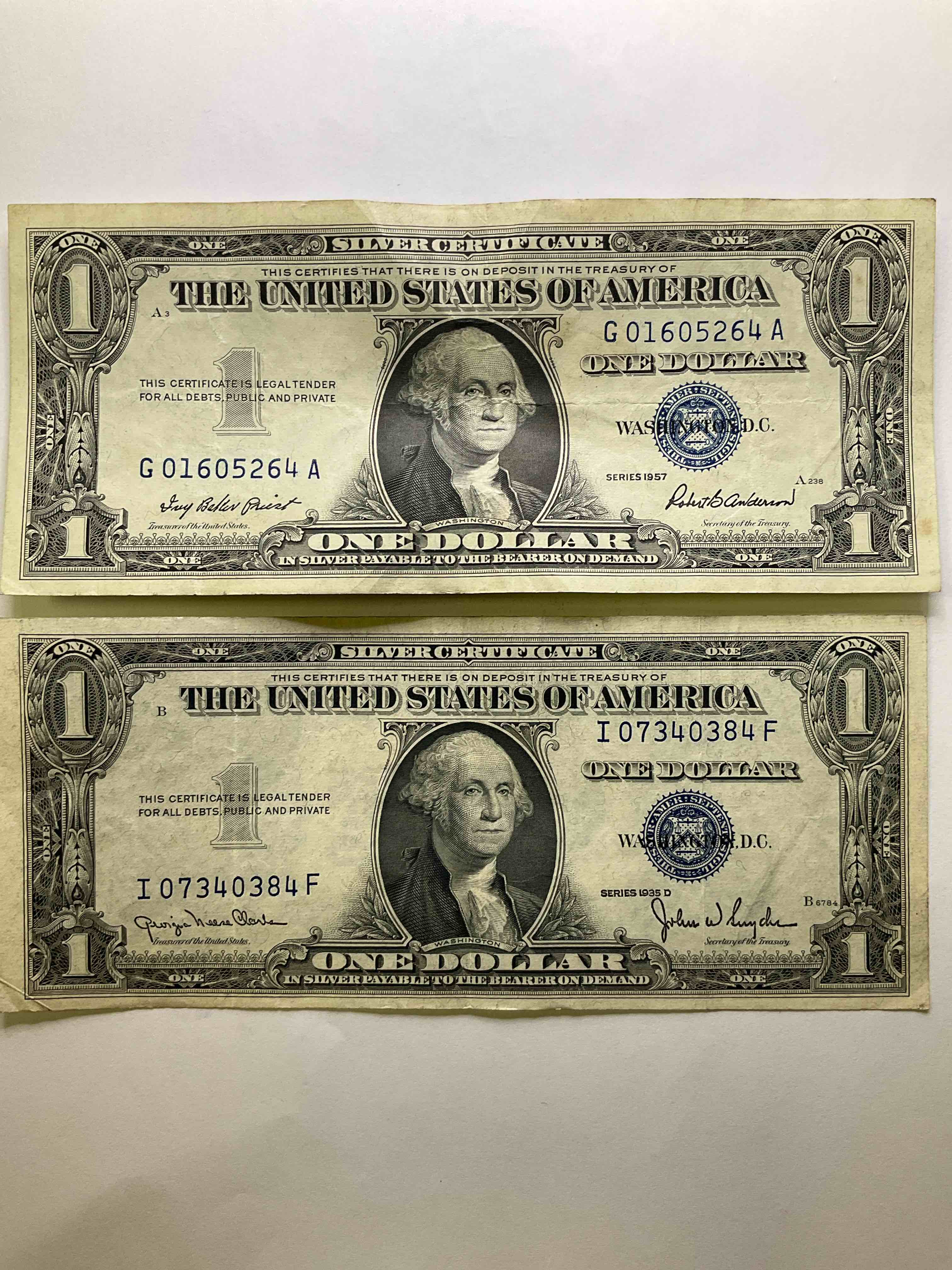 1935 Silver Certificates! Did You Know That Prior To 1964 One Dollar U.S. Paper Money Was Actually Redeemable For Silver Dollars?! Wow How Times Have Changed! Silver Certificates Were Produced From 1878 To 1964 & Are Still Considered Legal Tender At Face Value. Here Are Two Gorgeous, Circulated U.S. One Dollar Silver Certificates, in 1935 & 1957 Years, With Highly Collectible "Blue Seal!" Own An Awesome Piece Of History!