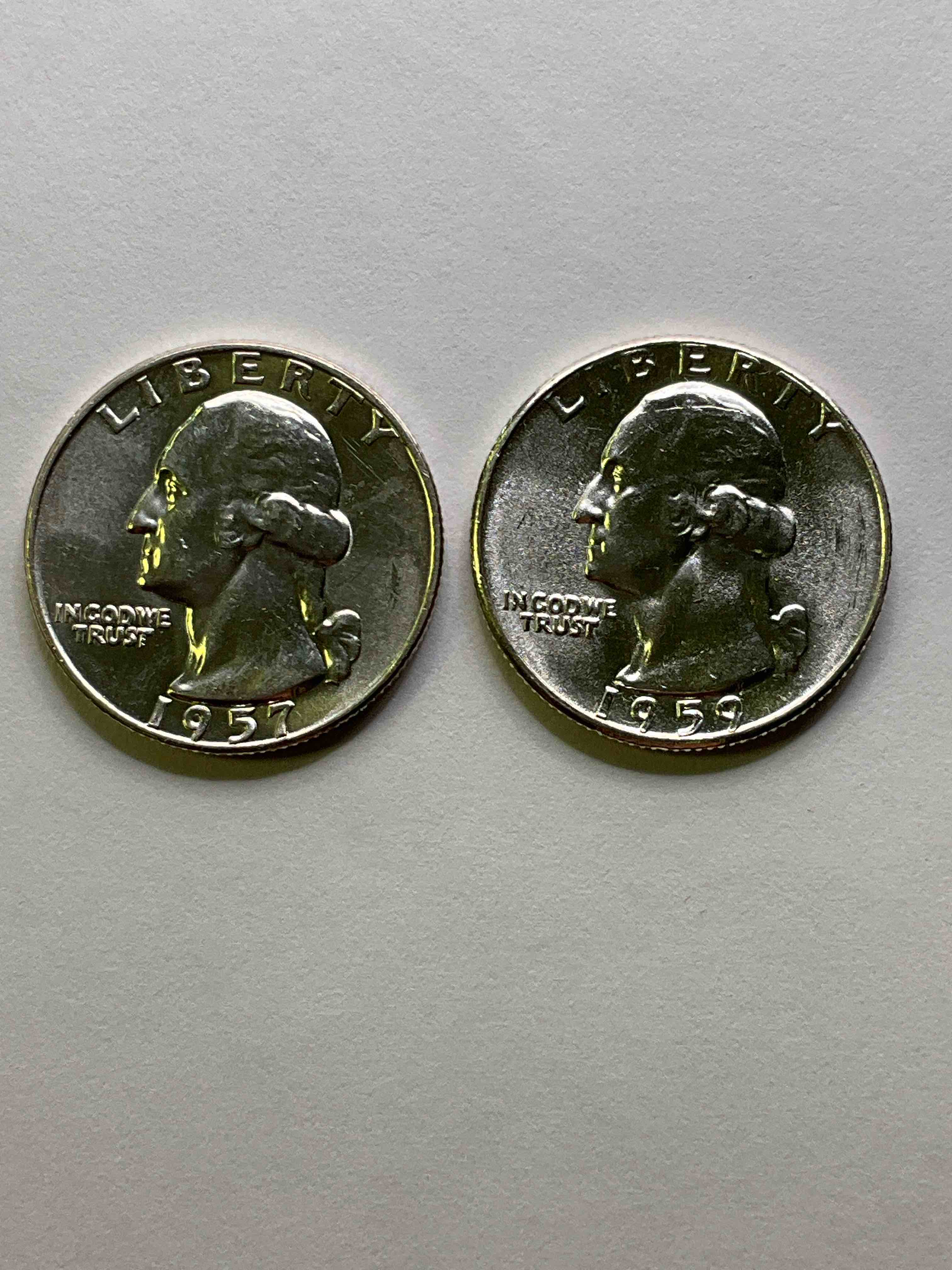 George Washington Uncirculated Silver! Pre 1965 U.S. Quarter Dollar Coins Were Actually Silver, Here Are two Great Examples Of Awesome, Pristine George Washington Silver Quarters, Stunning & Uncirculated, Rare Dates Of 1957 & 1959! Great For Investing In Precious Metals! These Coins Were Minted At 90% Silver and 10% Copper, Giving Them A Net Weight Of .18084 Ounces Of Pure Silver Per Coin! Very Hard To Find Uncirculated, Stunning! Invest In Fine U.S. Silver!