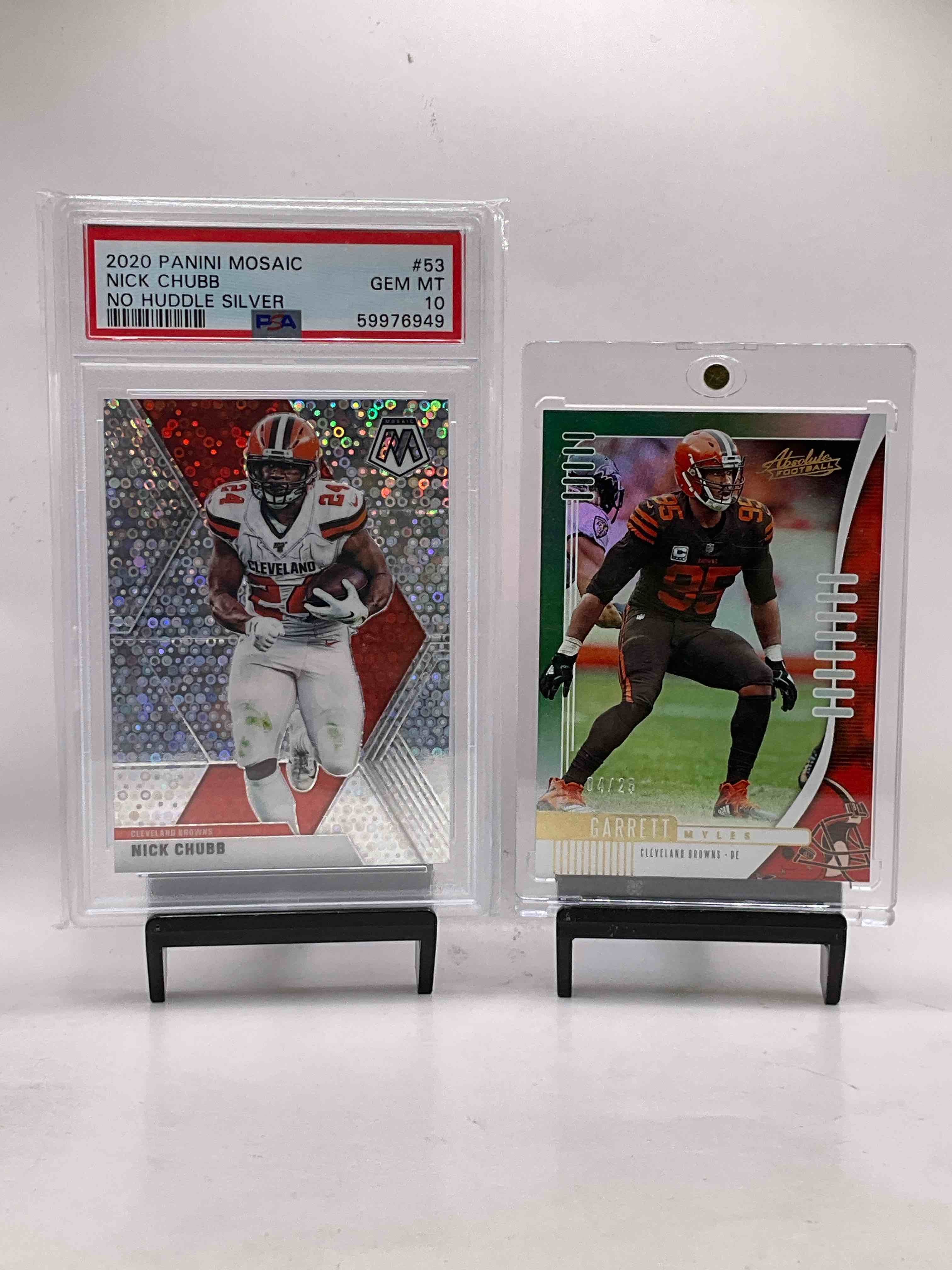 Insane Browns Lot! Gem Mint 10 Perfect Condition Nick Chubb Silver Mosaic Disco & Myles Garrett 04/25 Absolute Football Card! Along With Many Browns In Sleeves! Optics, Selects, Prizms! Big Time Names & Rookies! All In One!