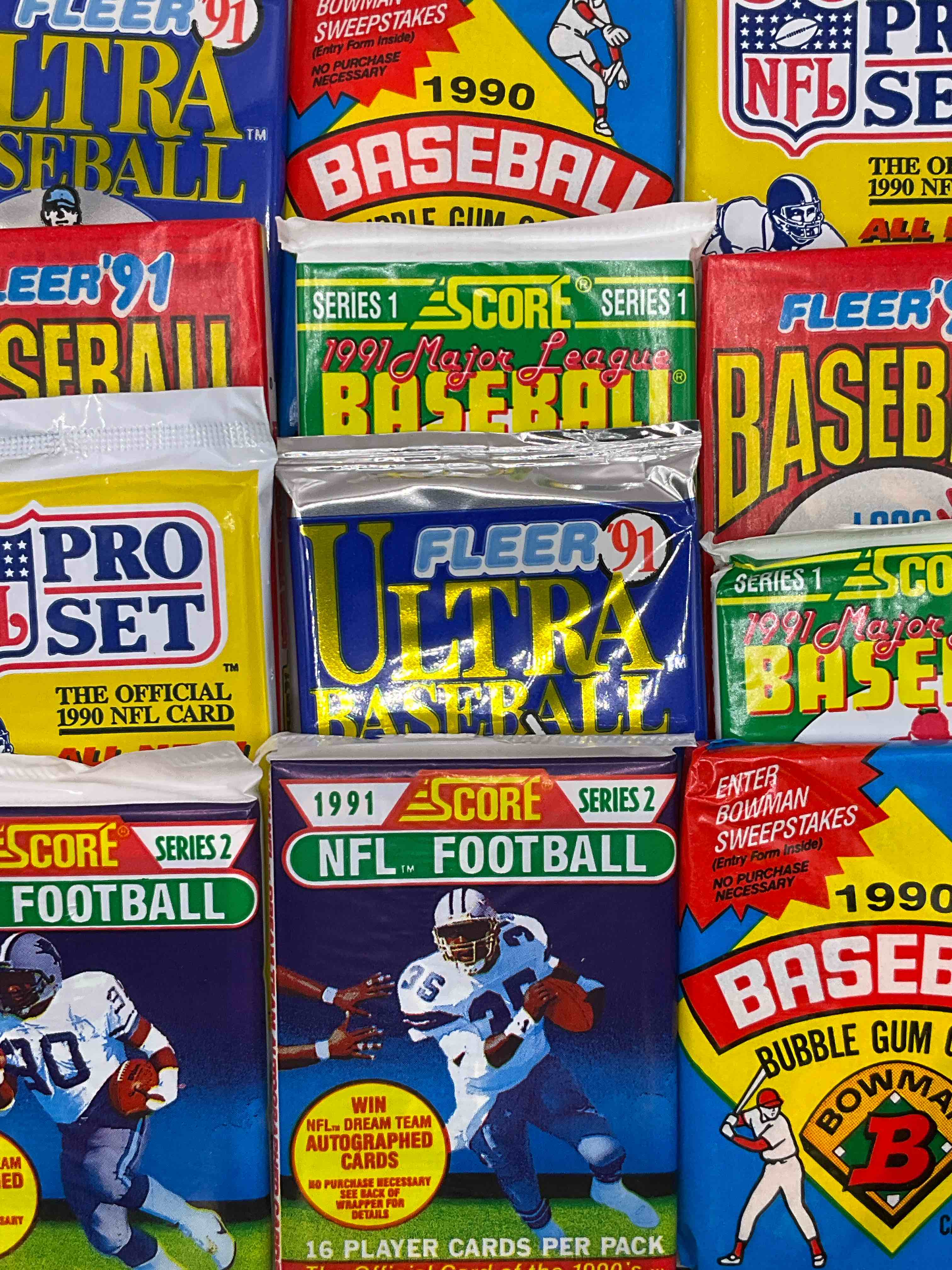 Awesome Pack Lot! Football & Baseball! 1991 Fleer Ultra, 1991 Score, 1990 Bowman, 1991 Fleer, 1990 Pro Set & More!