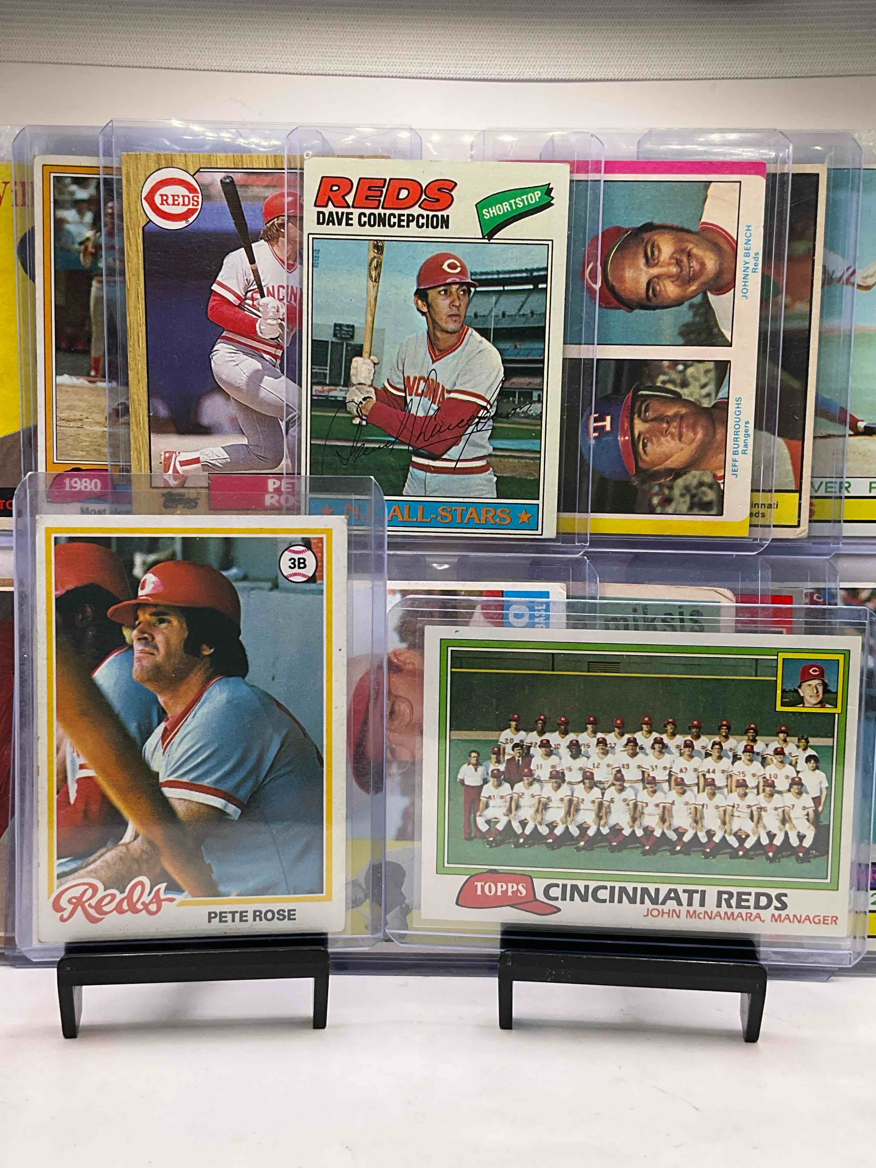 Vintage Reds! 1981 Reds Team Card, Pete Rose Card, Eddie Kasko, Dave Concepcion, Jim Brosnan 60’s Card & More! All In Hard Cases!