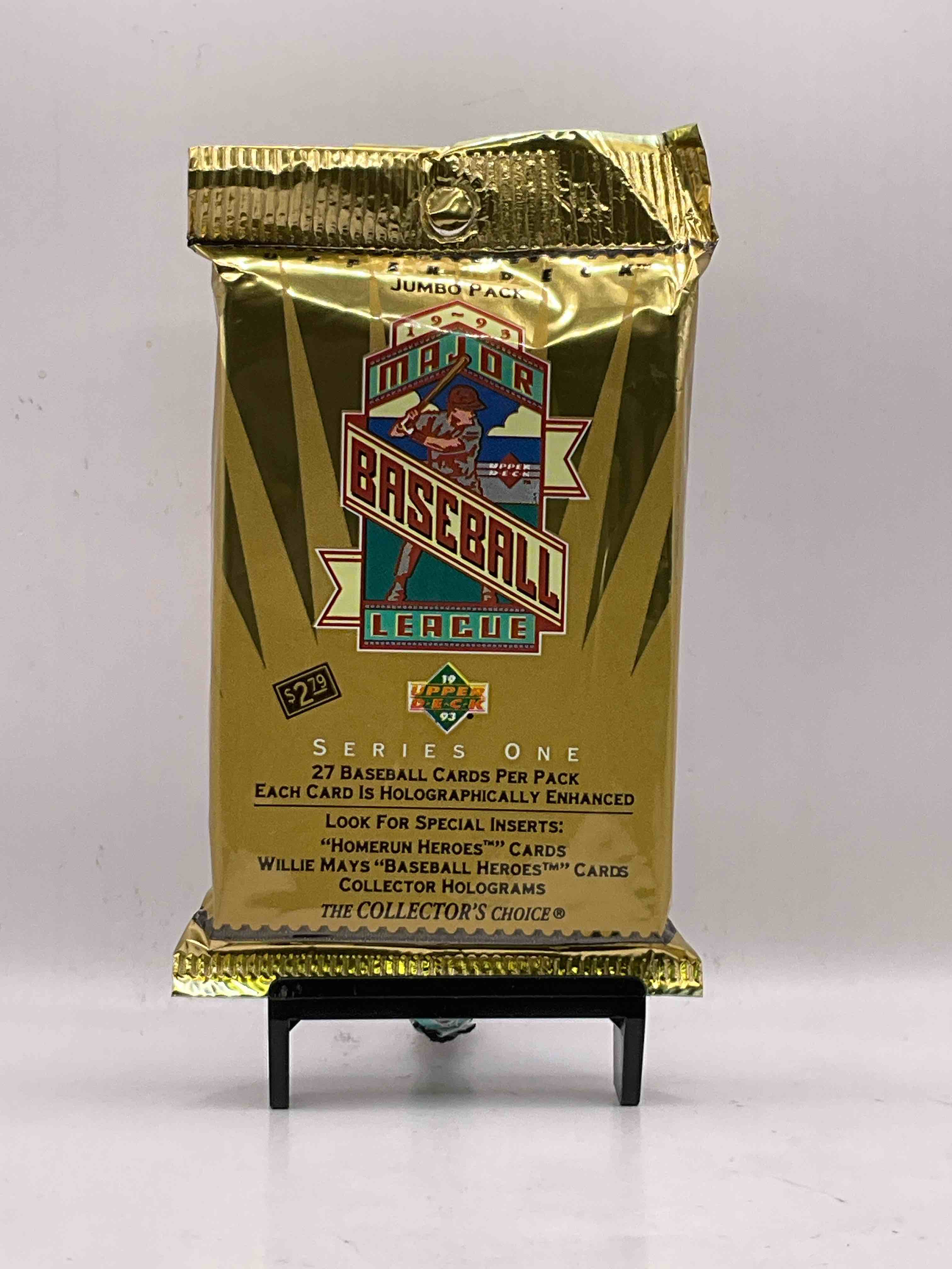 1993 Upper Deck Baseball Sealed 27 Card Jumbo Pack, Direct From Original Retail Display Case. Search For Derek Jeter, Ken Griffey Jr. & So Much More! Search For Highly Collectible Inserts. These Cards Are Highly Sought After By Collectors For Their Holographic Design, These Are PREMIUM Baseball Cards From 1993!