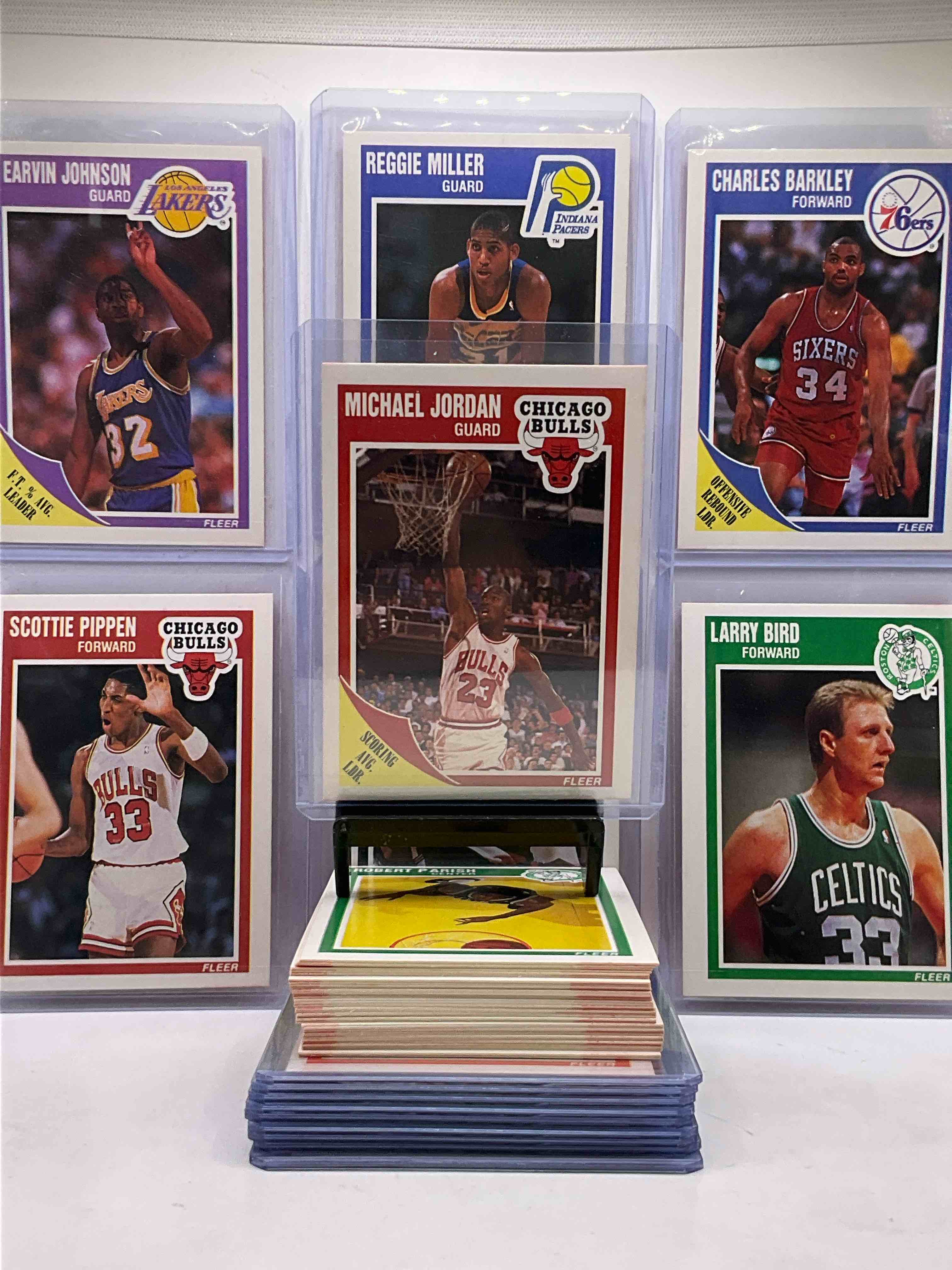 Michael Jordan! Holy Grail Basketball! 1989 Fleer Basketball Cards! 50 Card Craziness! One Of The Most Coveted Michael Jordan, Magic Johnson, Larry Bird, Scottie Pippen, Charles Barkley & Karl Malone Cards! Along With Other Nice 1989 NBA Basketball Cards! Reggie Miller, Akeem Olajuwon & More! These Cards Are Super Rare, Only 3 Years Off From A Jordan Rookie! Awesome Base Cards Combo! Wow! Mixed With A Variety Of Other Cards, Doesn’t Get Better Than This!